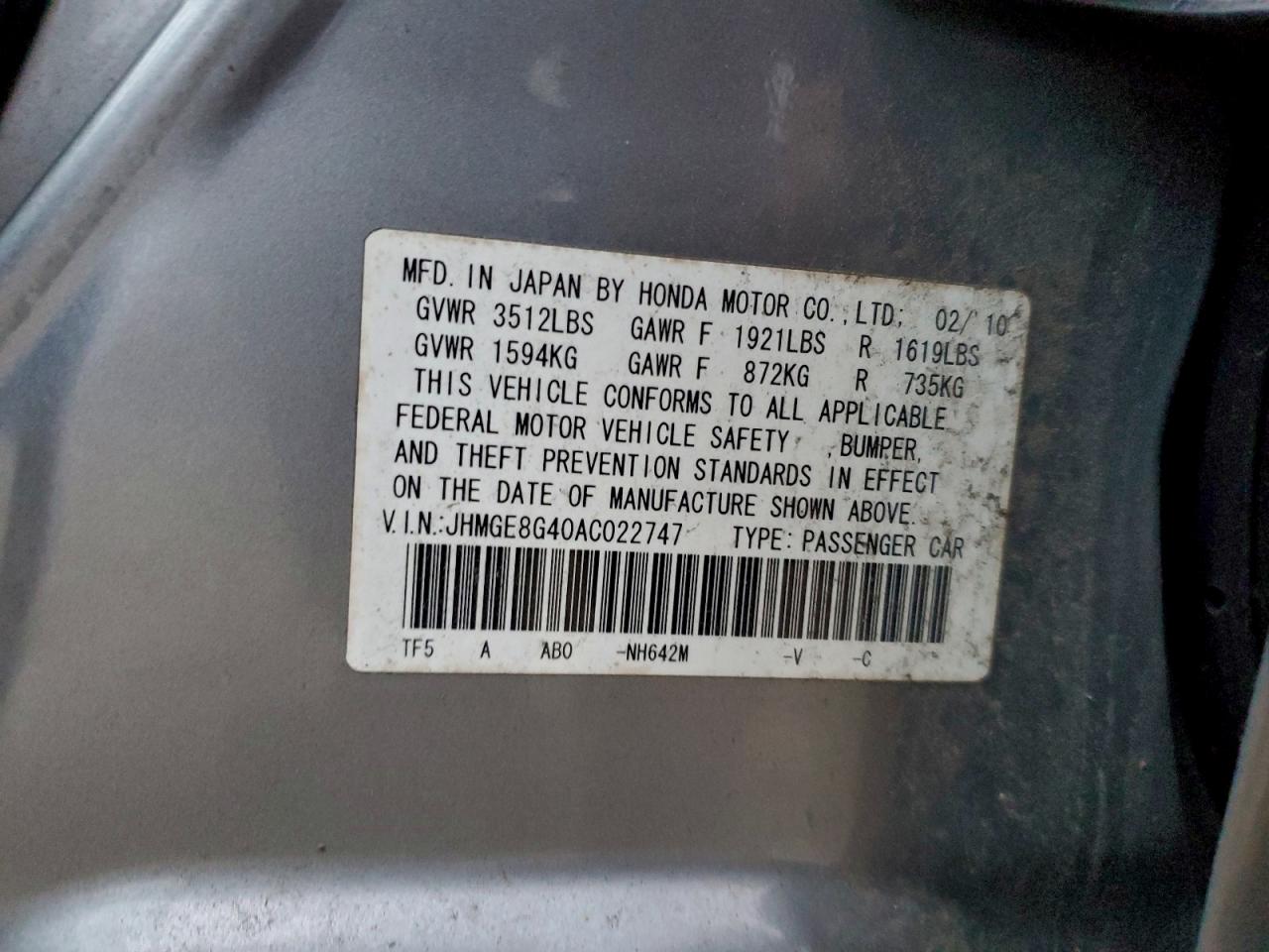 2010 Honda Fit Sport VIN: JHMGE8G40AC022747 Lot: 94679455