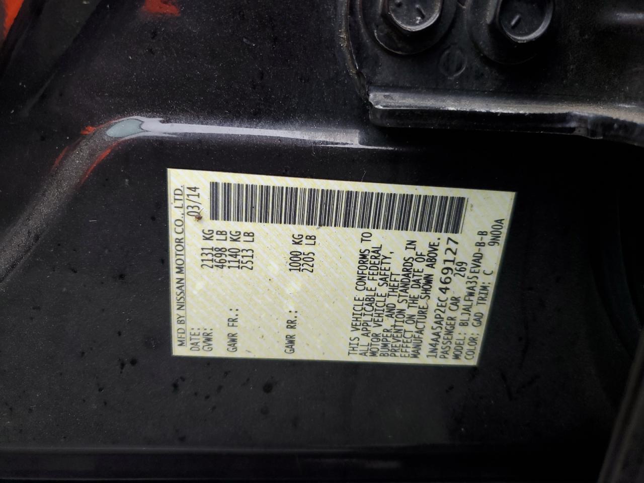 2014 Nissan Maxima S VIN: 1N4AA5AP2EC469127 Lot: 92410795