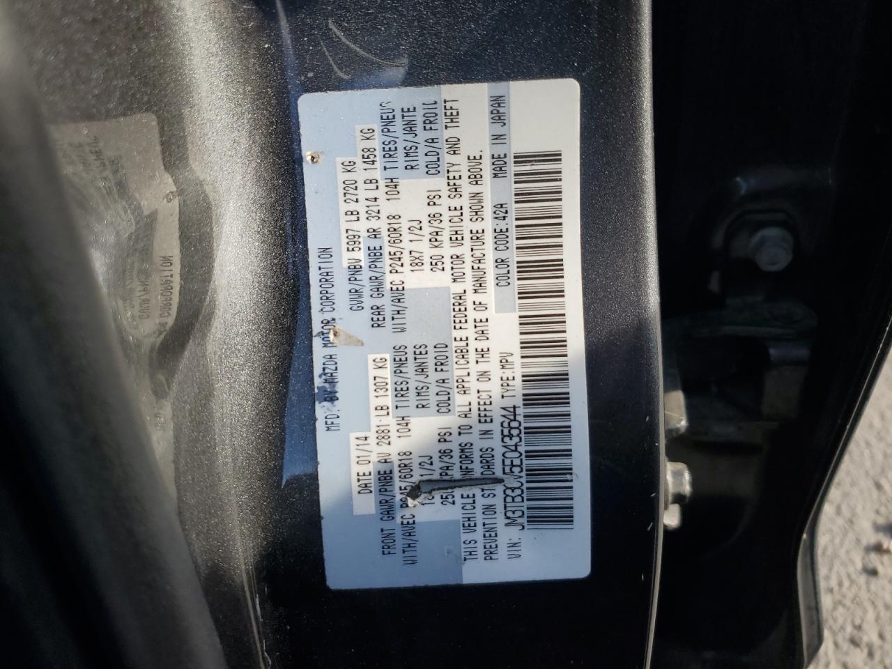 2014 Mazda Cx-9 Touring VIN: JM3TB3CV5E0435644 Lot: 92021565