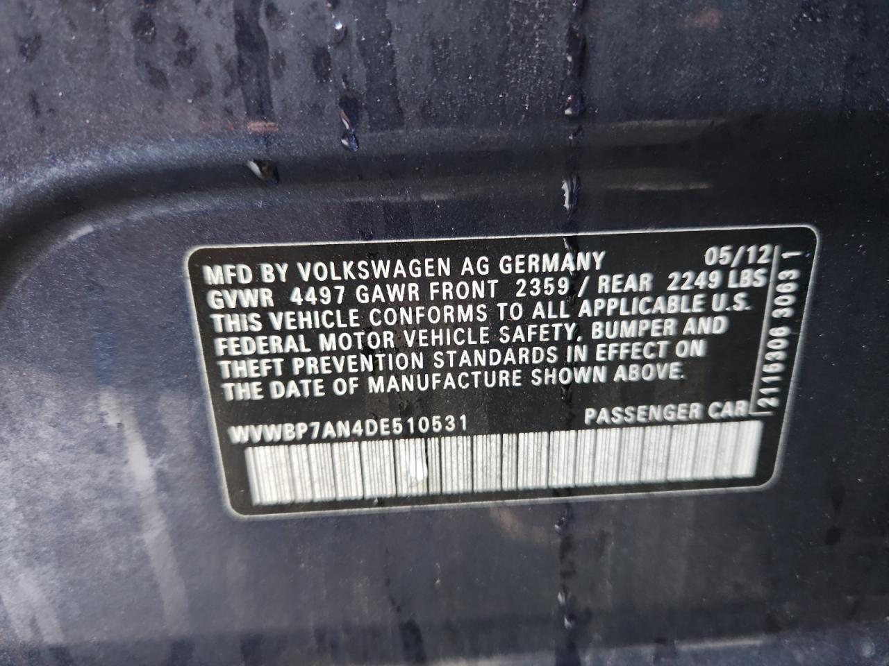 2013 Volkswagen Cc Sport VIN: WVWBP7AN4DE510531 Lot: 91243665