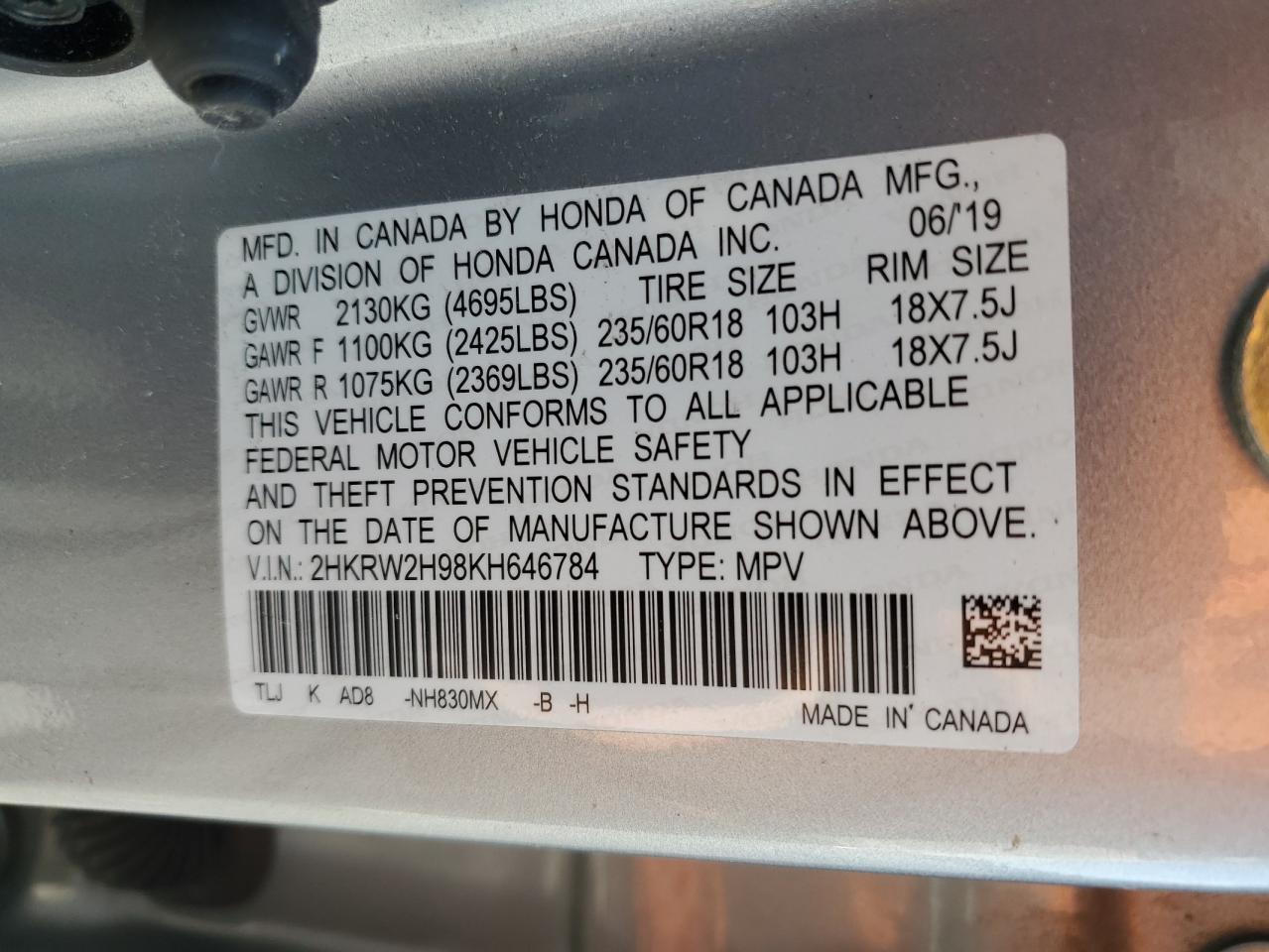 2019 Honda Cr-V Touring VIN: 2HKRW2H98KH646784 Lot: 92330125