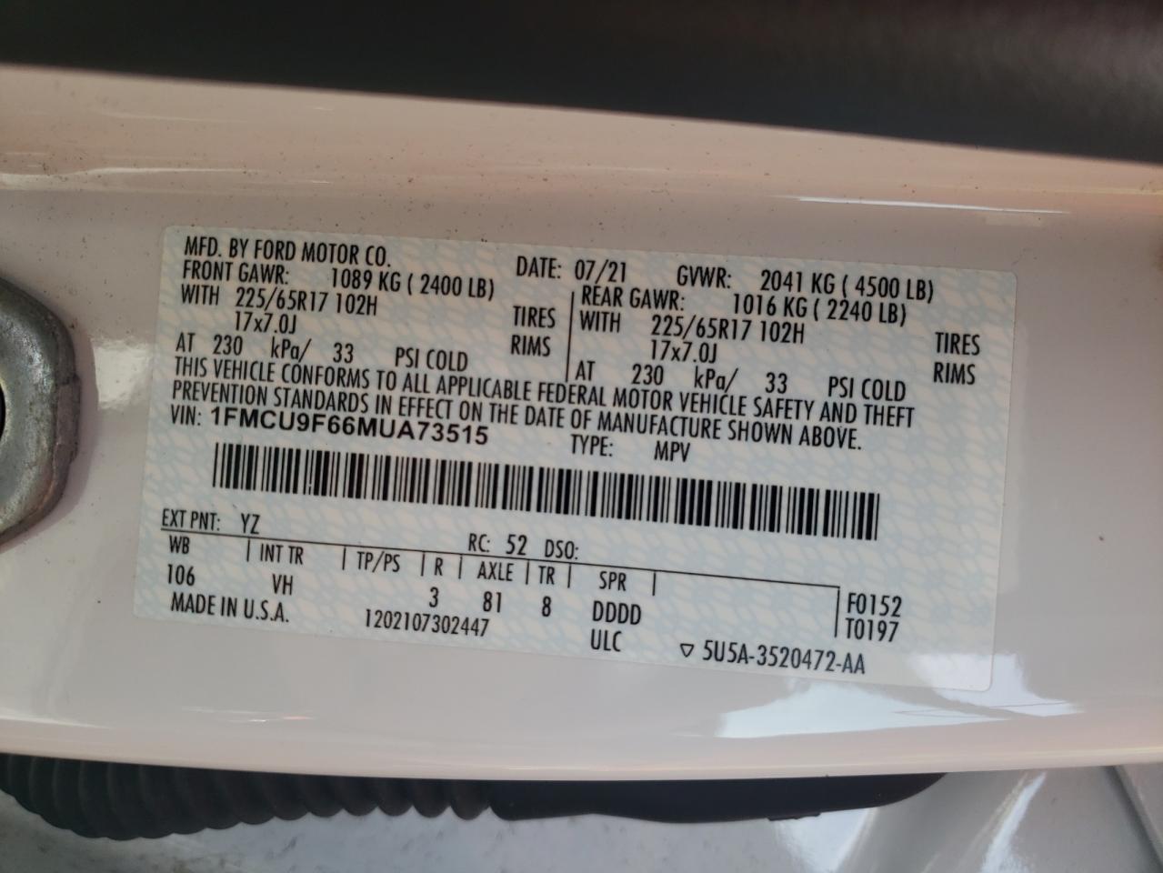 2021 Ford Escape S VIN: 1FMCU9F66MUA73515 Lot: 92329345