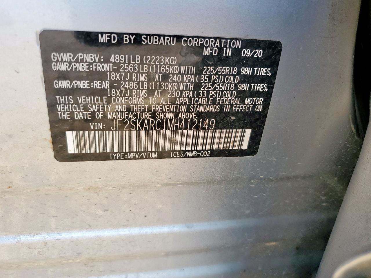 2021 Subaru Forester Sport VIN: JF2SKARC1MH412149 Lot: 92345555