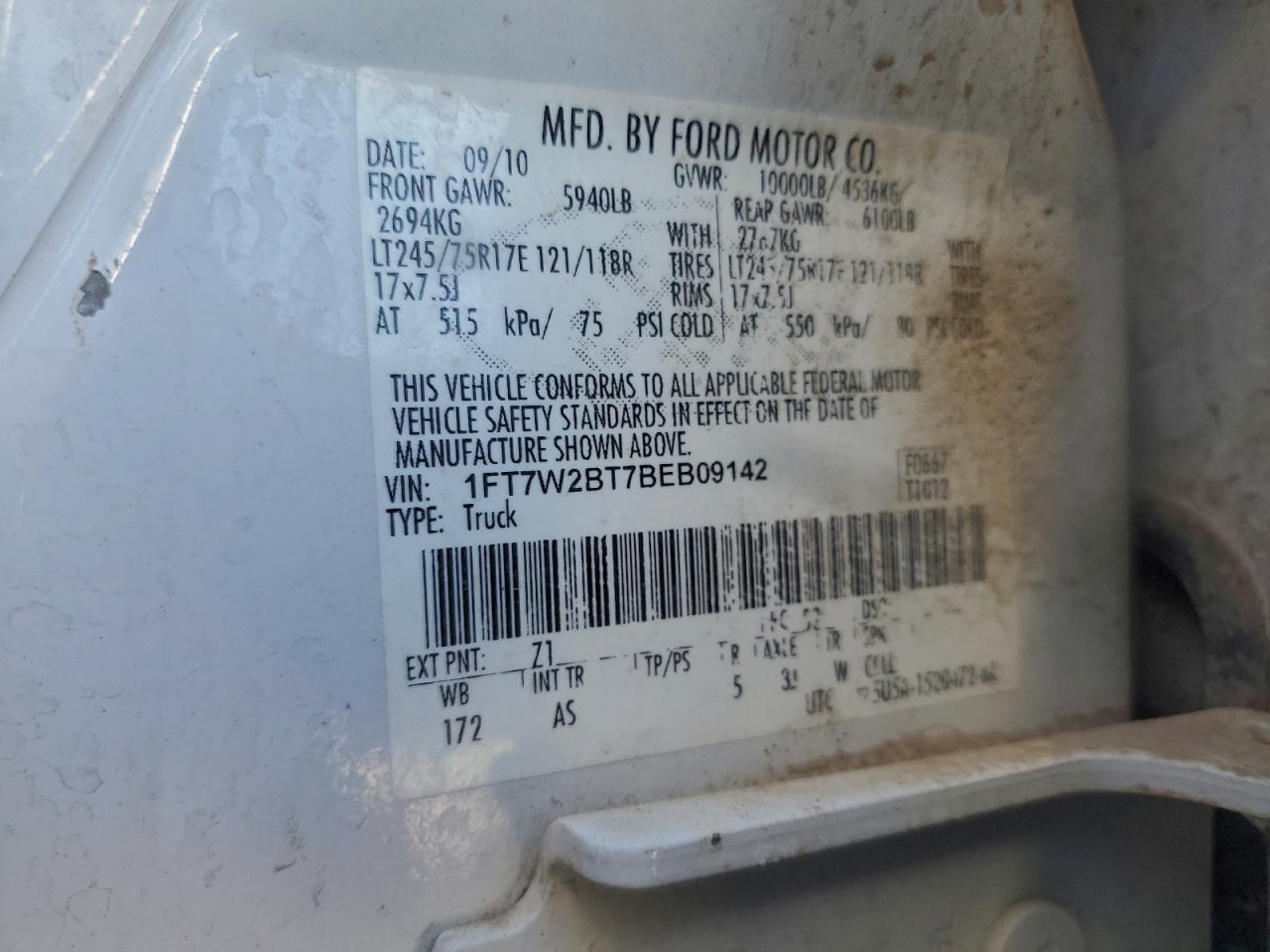 2011 Ford F250 Super Duty VIN: 1FT7W2BT7BEB09142 Lot: 94776585