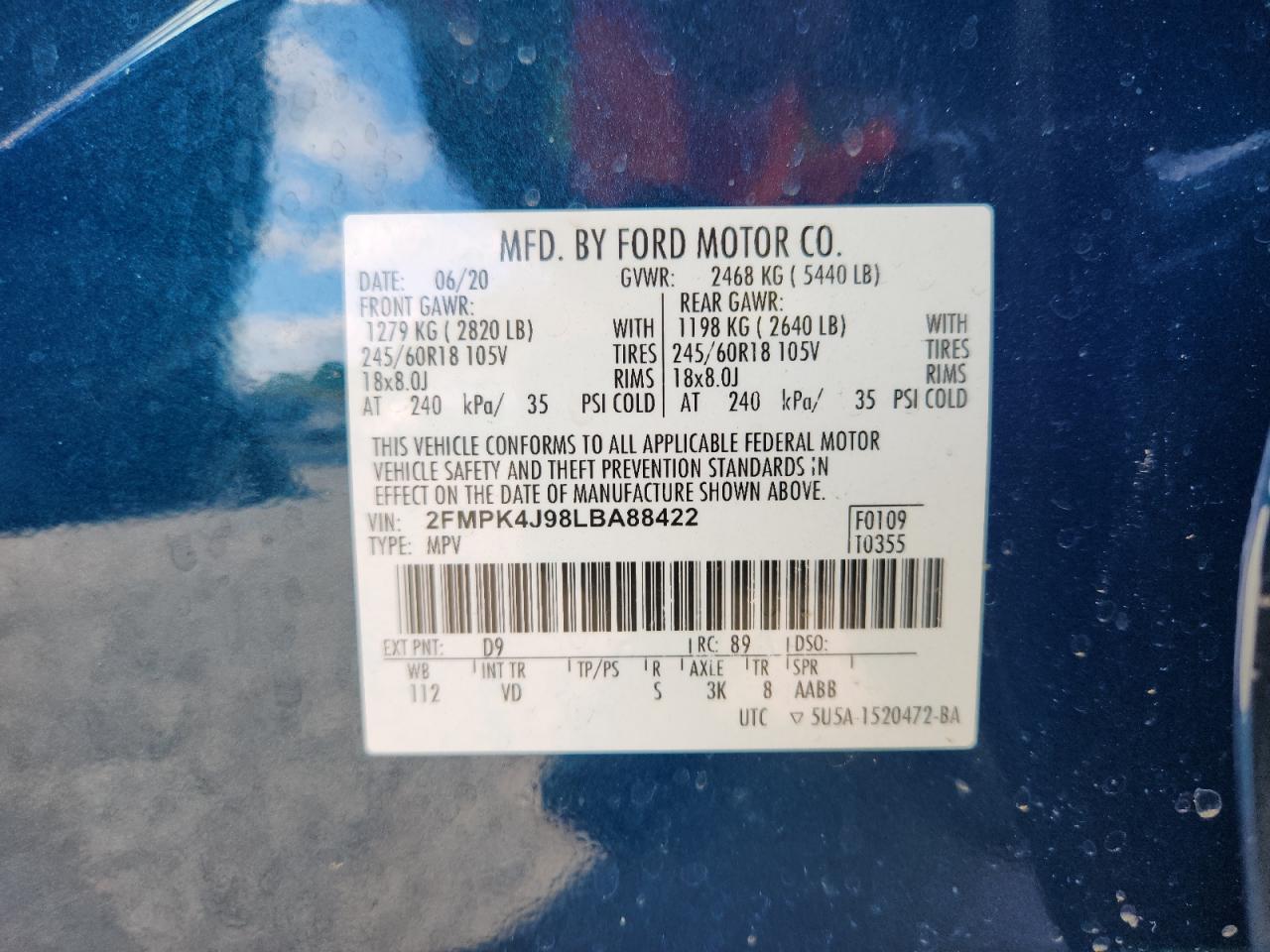 2020 Ford Edge Sel VIN: 2FMPK4J98LBA88422 Lot: 92503355