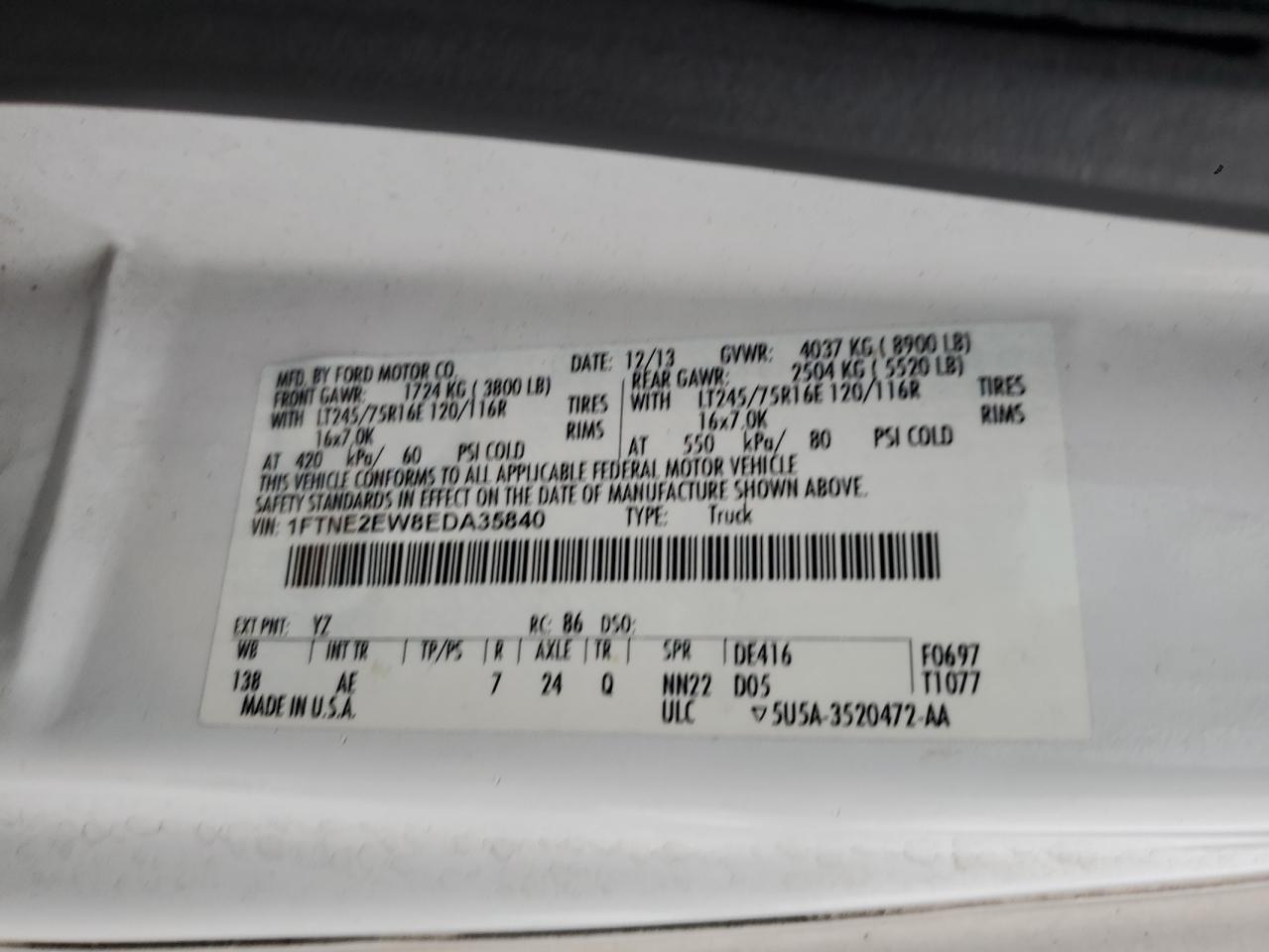 2014 Ford E250 Delivery Van VIN: 1FTNE2EW8EDA35840 Lot: 91040205