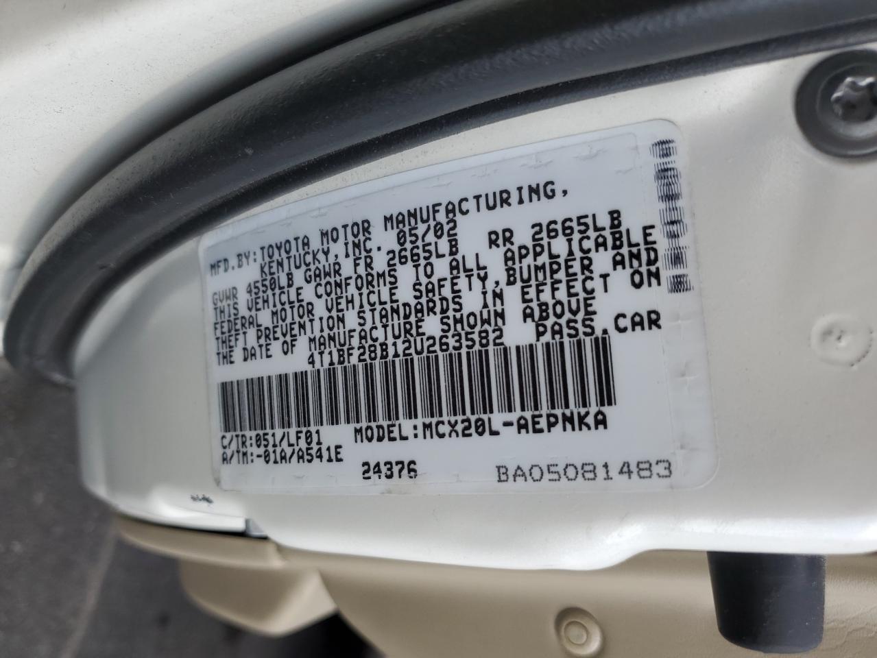 2002 Toyota Avalon Xl VIN: 4T1BF28B12U263582 Lot: 92755195