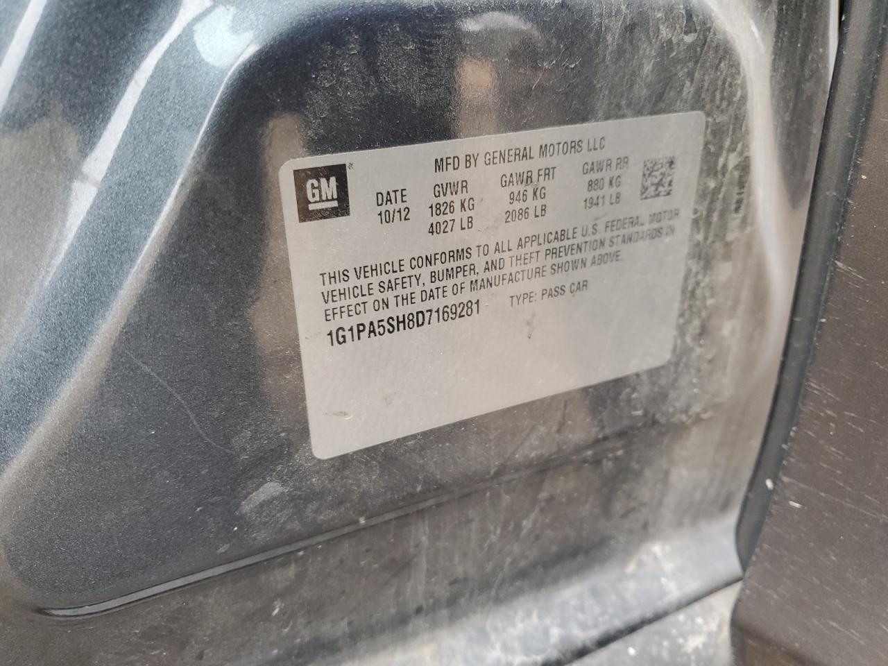 2013 Chevrolet Cruze Ls VIN: 1G1PA5SH8D7169281 Lot: 92817435