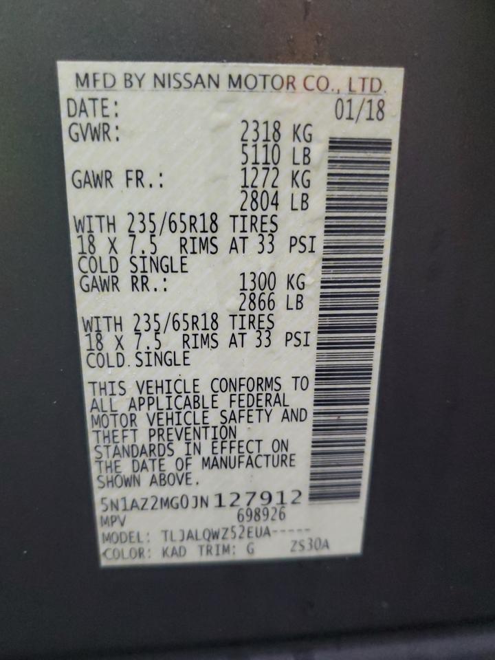 2018 Nissan Murano S VIN: 5N1AZ2MG0JN127912 Lot: 93430235