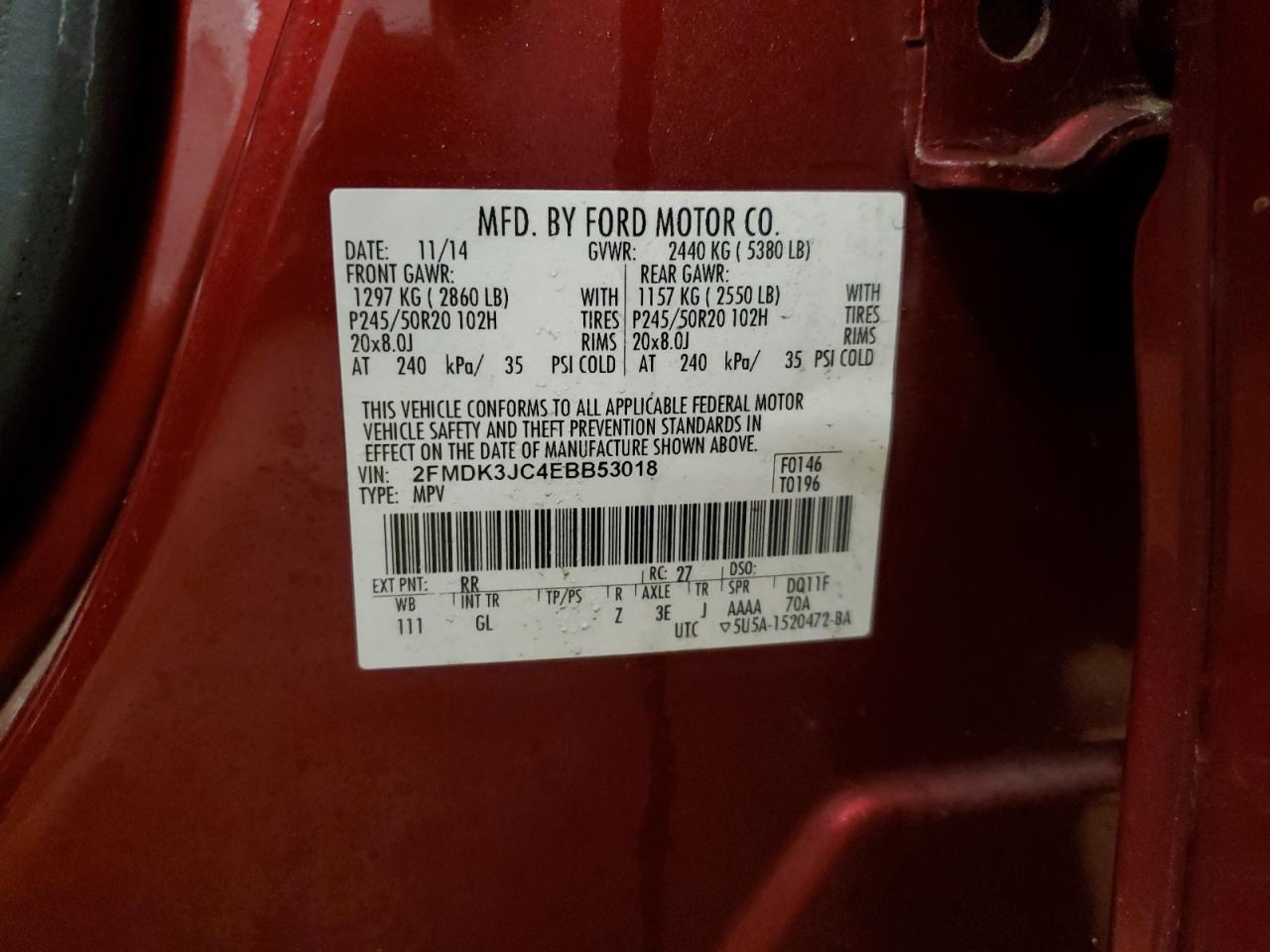 2014 Ford Edge Sel VIN: 2FMDK3JC4EBB53018 Lot: 93395305