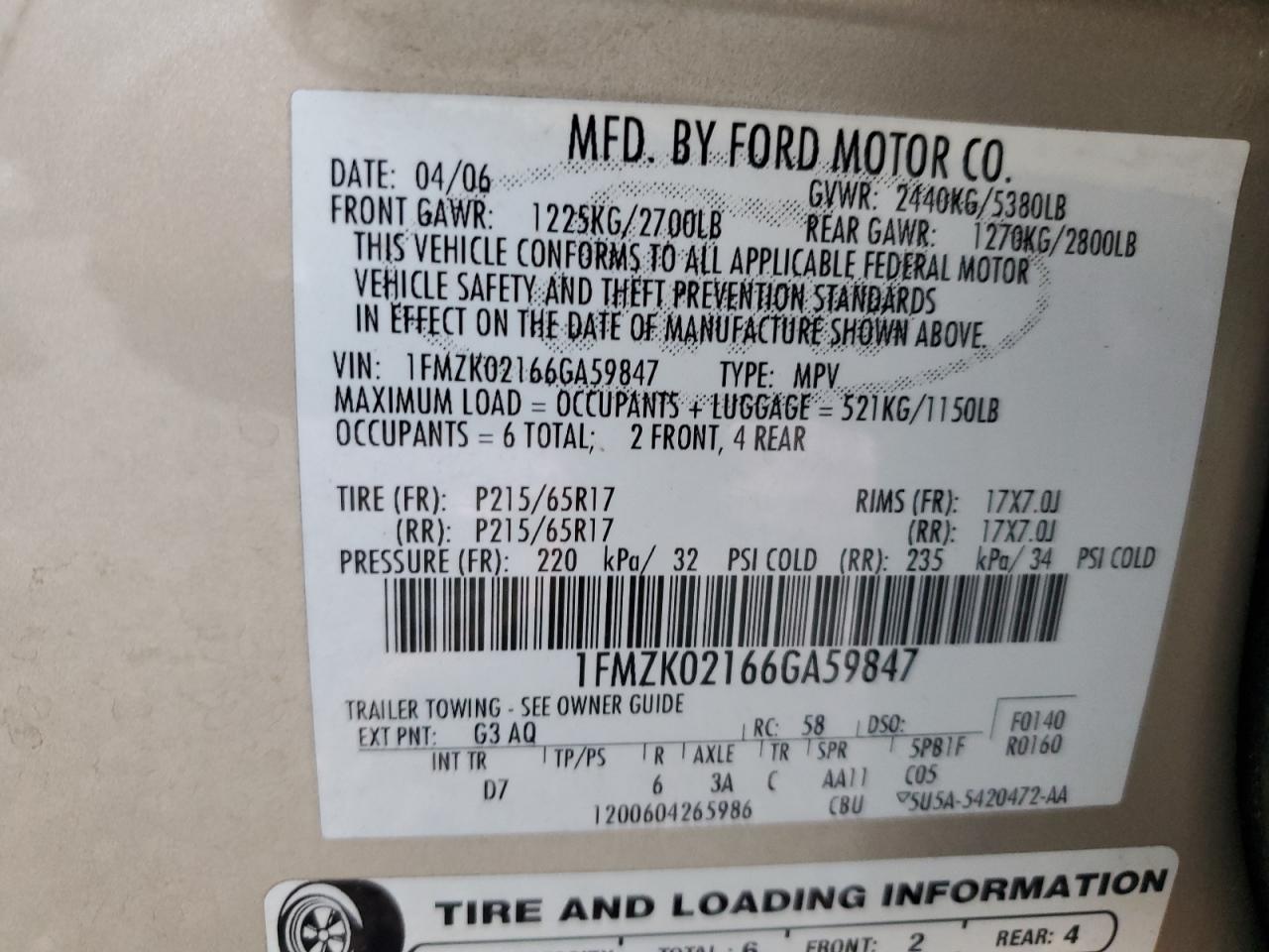 2006 Ford Freestyle Sel VIN: 1FMZK02166GA59847 Lot: 91850295