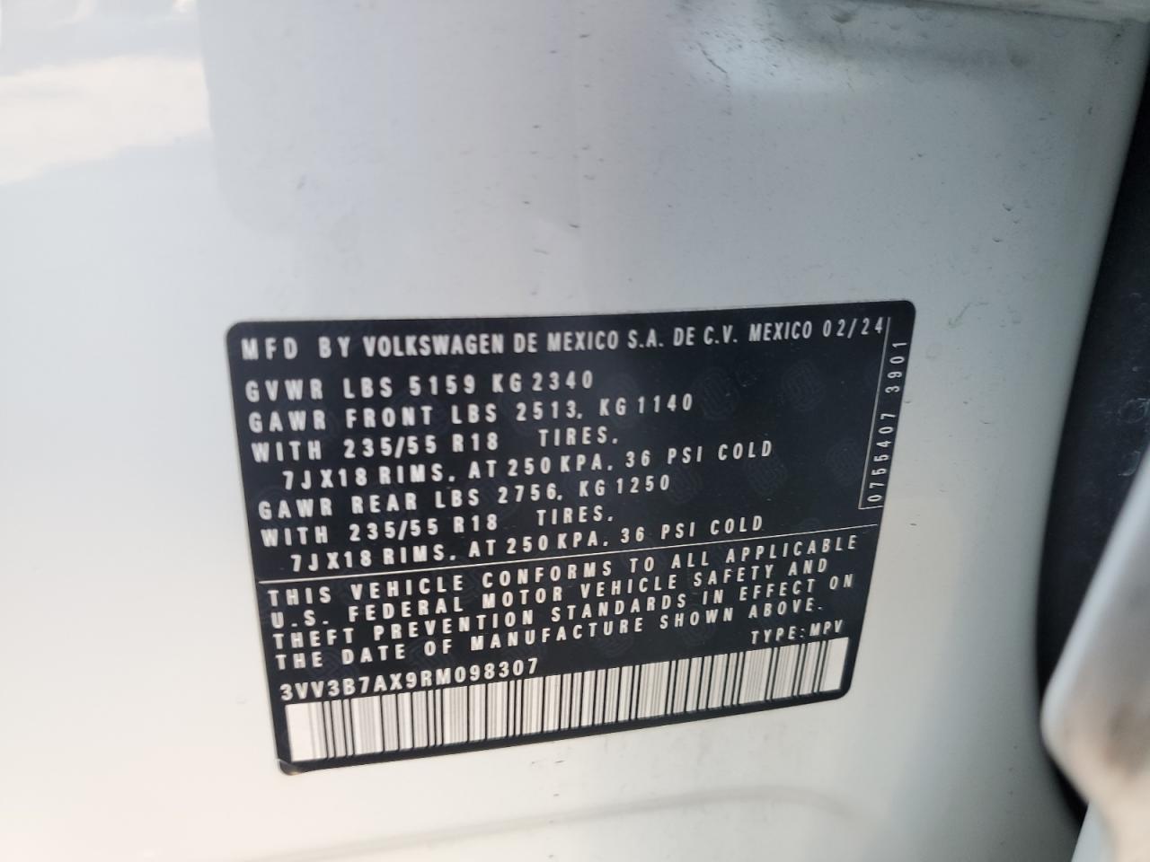 2024 Volkswagen Tiguan Se VIN: 3VV3B7AX9RM098307 Lot: 91931875