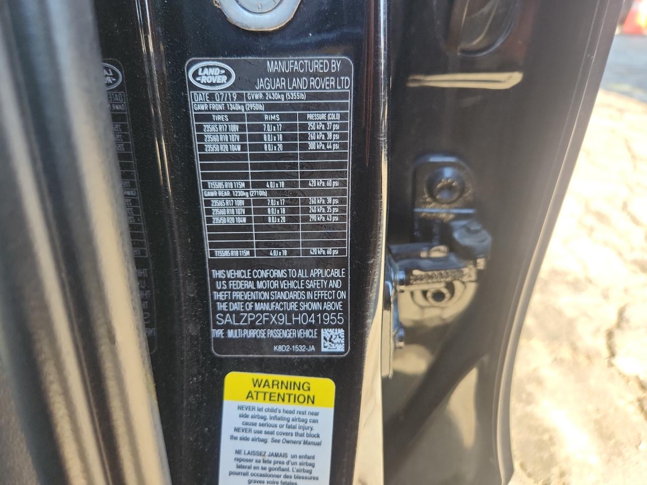 2020 Land Rover Range Rover Evoque Se VIN: SALZP2FX9LH041955 Lot: 91581655