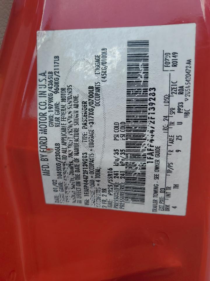 2002 Ford Mustang VIN: 1FAFP44472F139283 Lot: 91638345