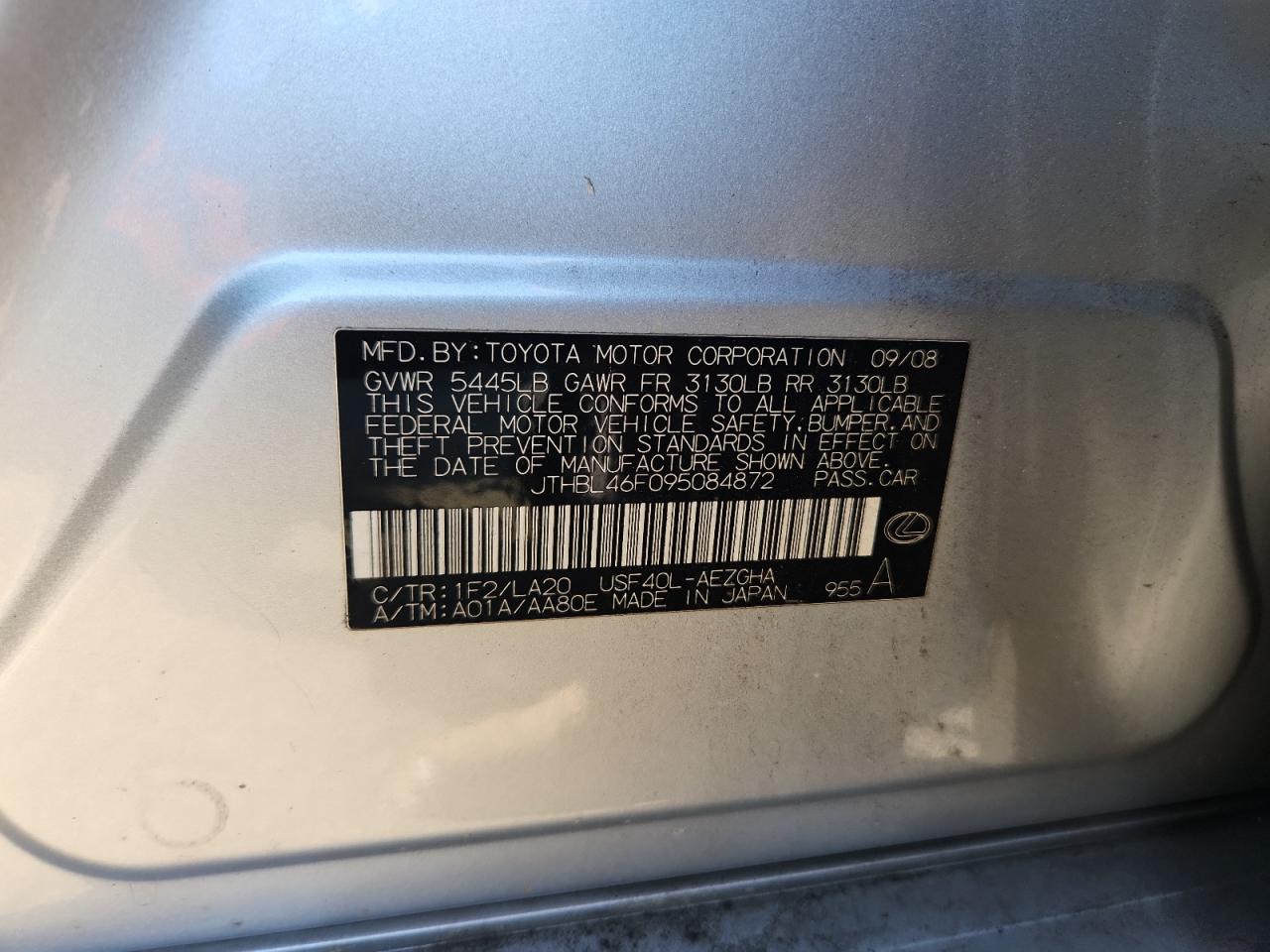 2009 Lexus Ls 460 VIN: JTHBL46F095084872 Lot: 91000445