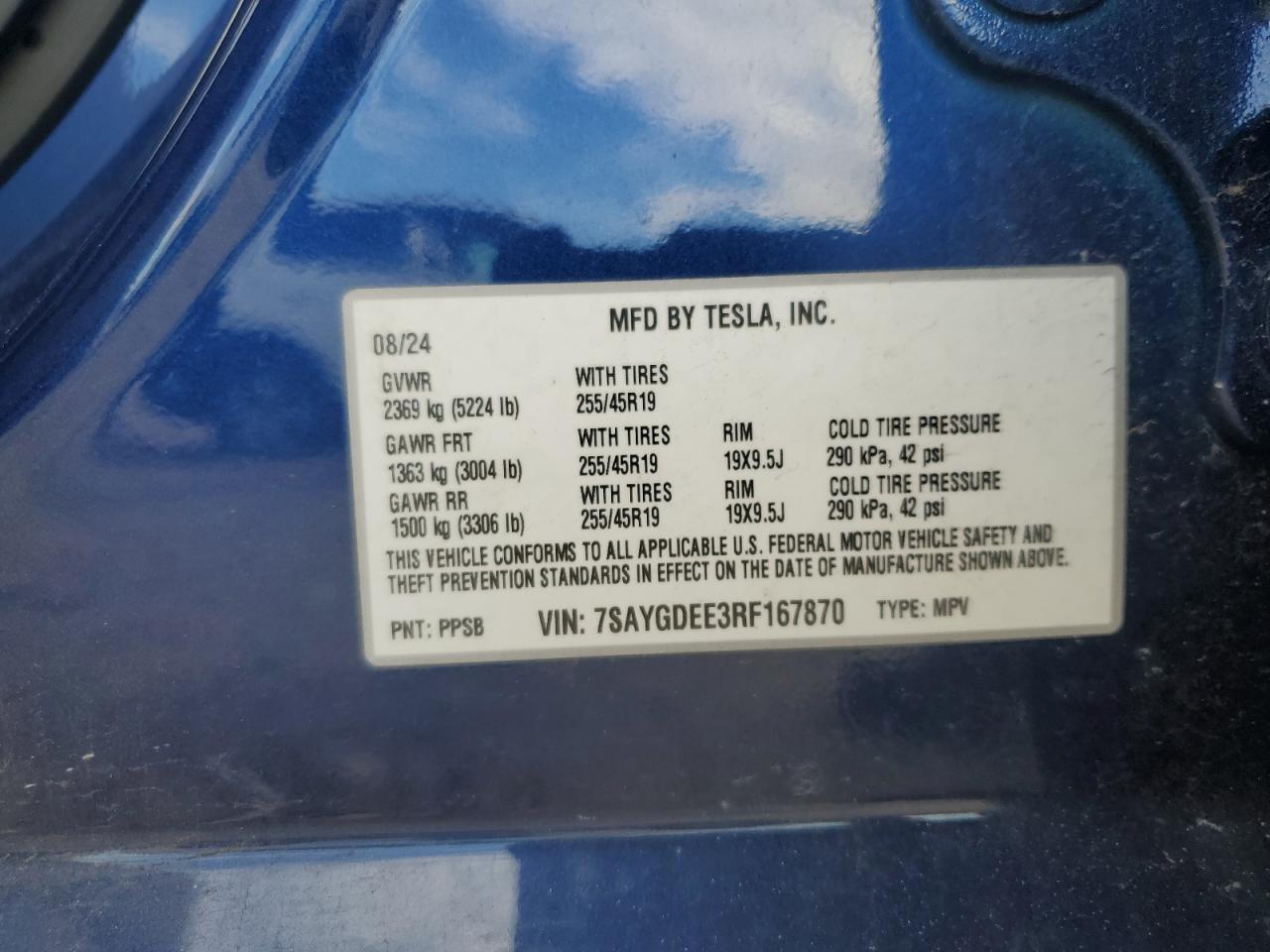 2024 Tesla Model Y VIN: 7SAYGDEE3RF167870 Lot: 90986045