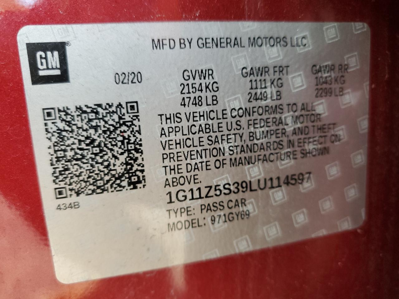 2020 Chevrolet Impala Lt VIN: 1G11Z5S39LU114597 Lot: 93239855