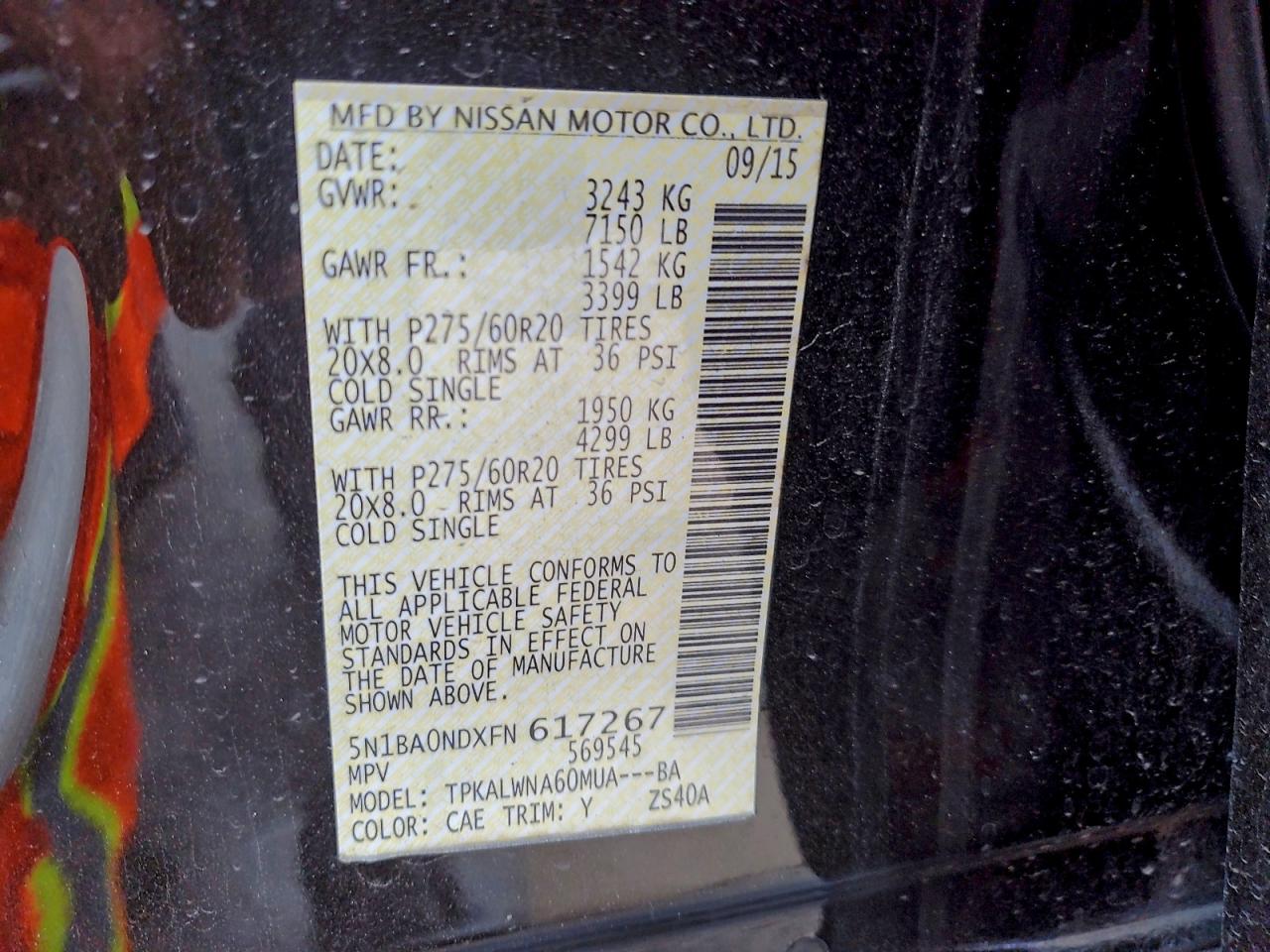 2015 Nissan Armada Sv VIN: 5N1BA0NDXFN617267 Lot: 94039605