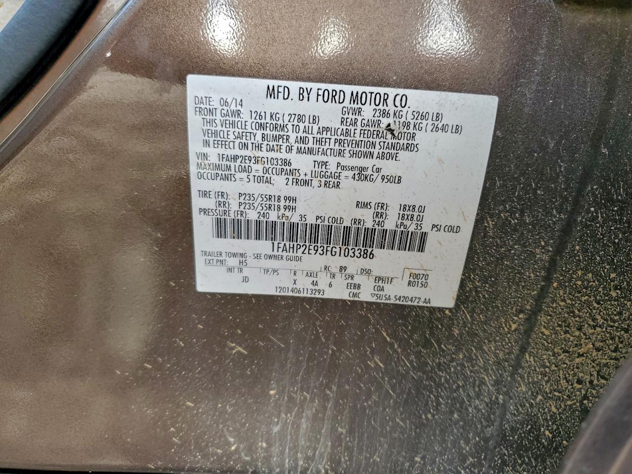 2015 Ford Taurus Sel VIN: 1FAHP2E93FG103386 Lot: 93453175