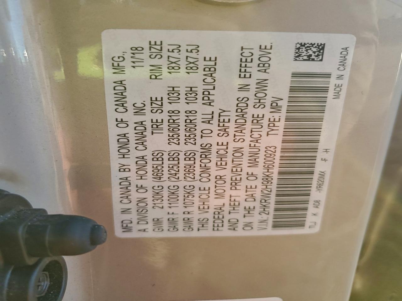 2019 Honda Cr-V Touring VIN: 2HKRW2H98KH600923 Lot: 85431255