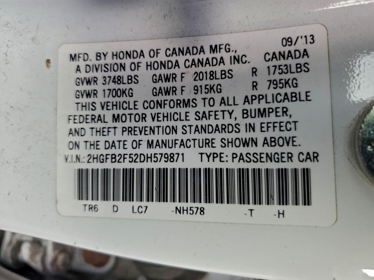 2013 Honda Civic Lx VIN: 2HGFB2F52DH579871 Lot: 94043855