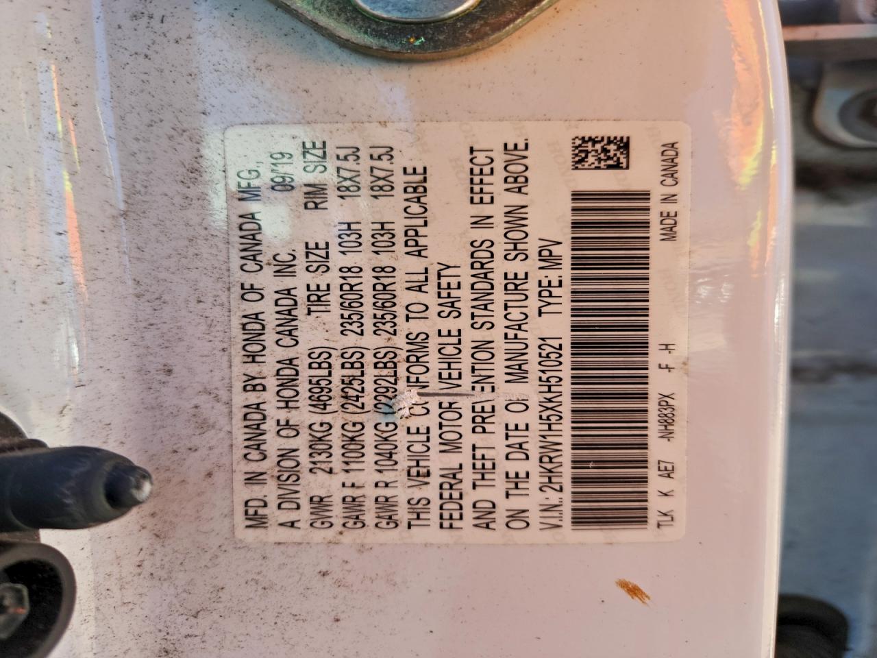 2019 Honda Cr-V Ex VIN: 2HKRW1H5XKH510521 Lot: 93962245