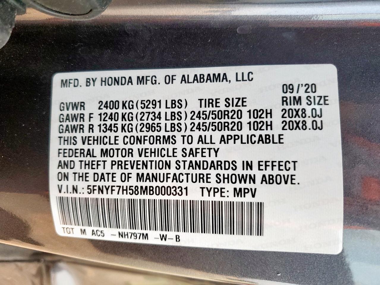 2021 Honda Passport Exl VIN: 5FNYF7H58MB000331 Lot: 93082835