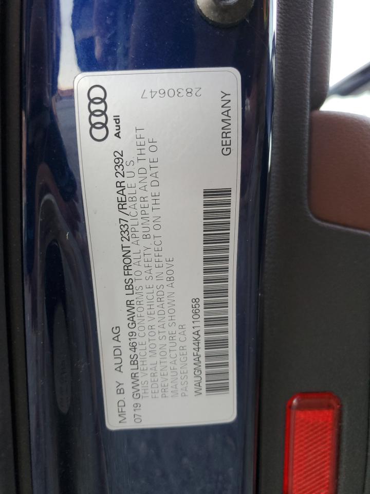 2019 Audi A4 Premium VIN: WAUGMAF44KA110658 Lot: 92386625