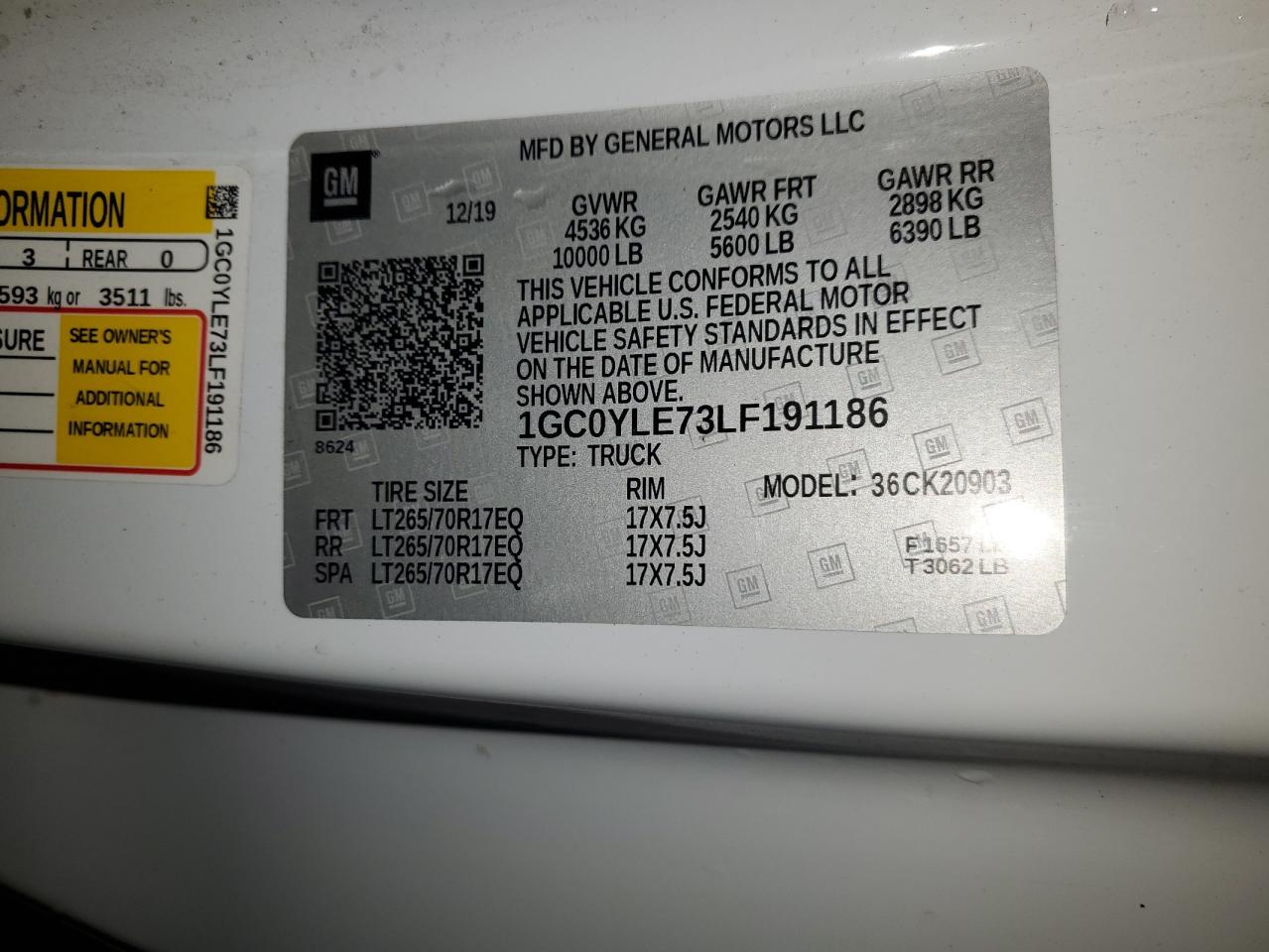 2020 Chevrolet Silverado 2500Hd 4Wd Long Bed Wt VIN: 1GC0YLE73LF191186 Lot: 43808069