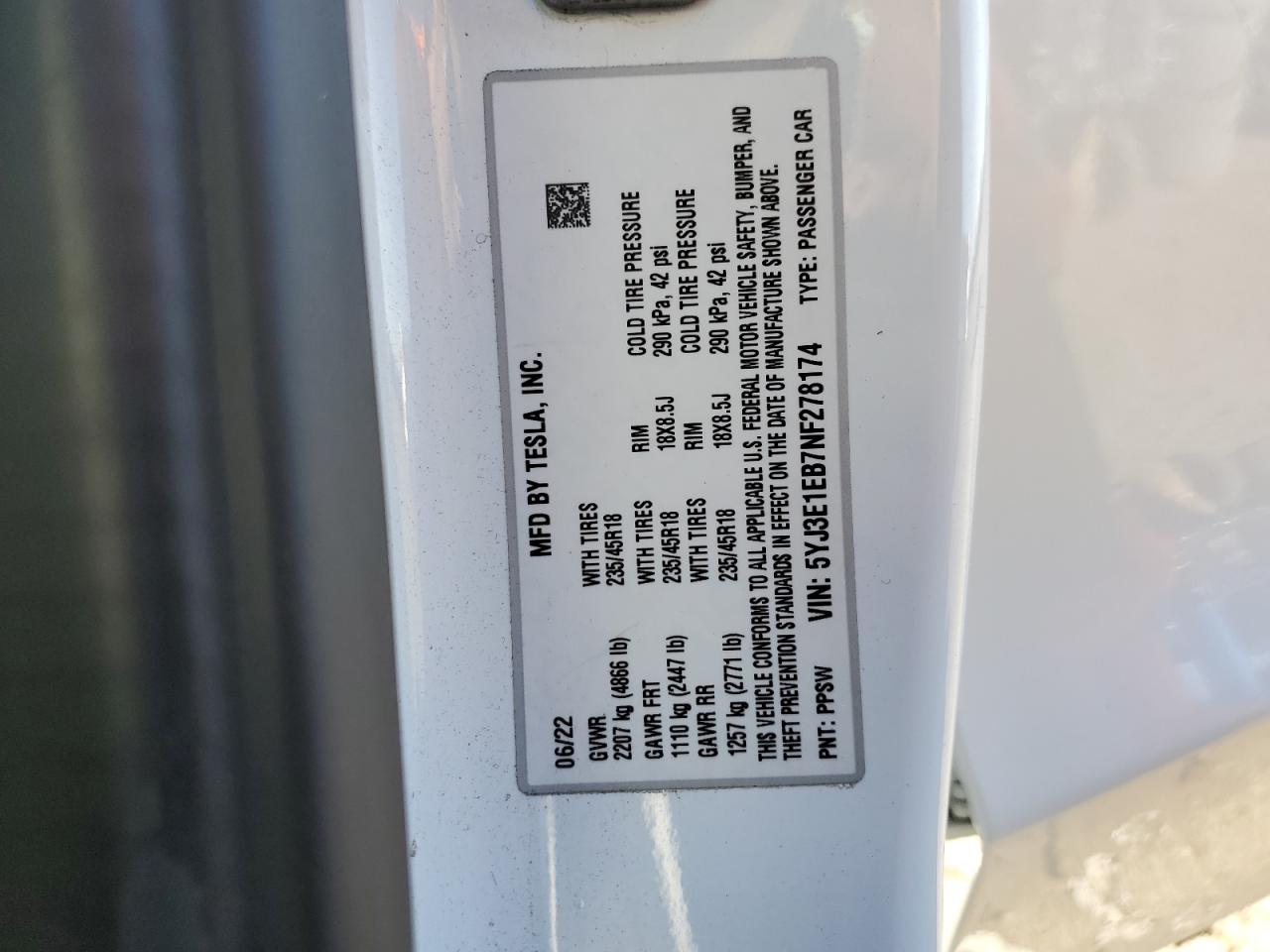 2022 Tesla Model 3 VIN: 5YJ3E1EB7NF278174 Lot: 92685695