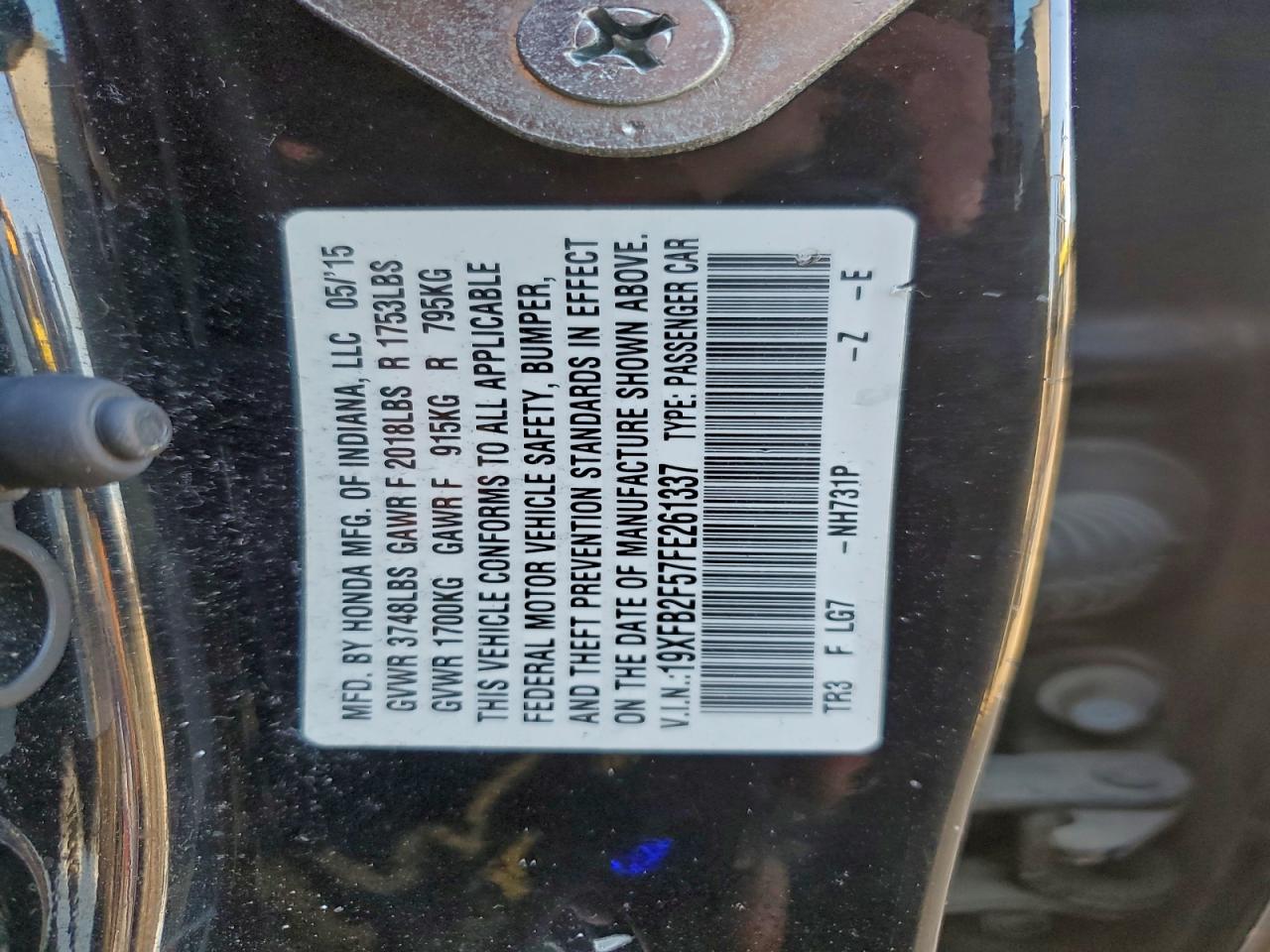 2015 Honda Civic Lx VIN: 19XFB2F57FE261337 Lot: 94274025