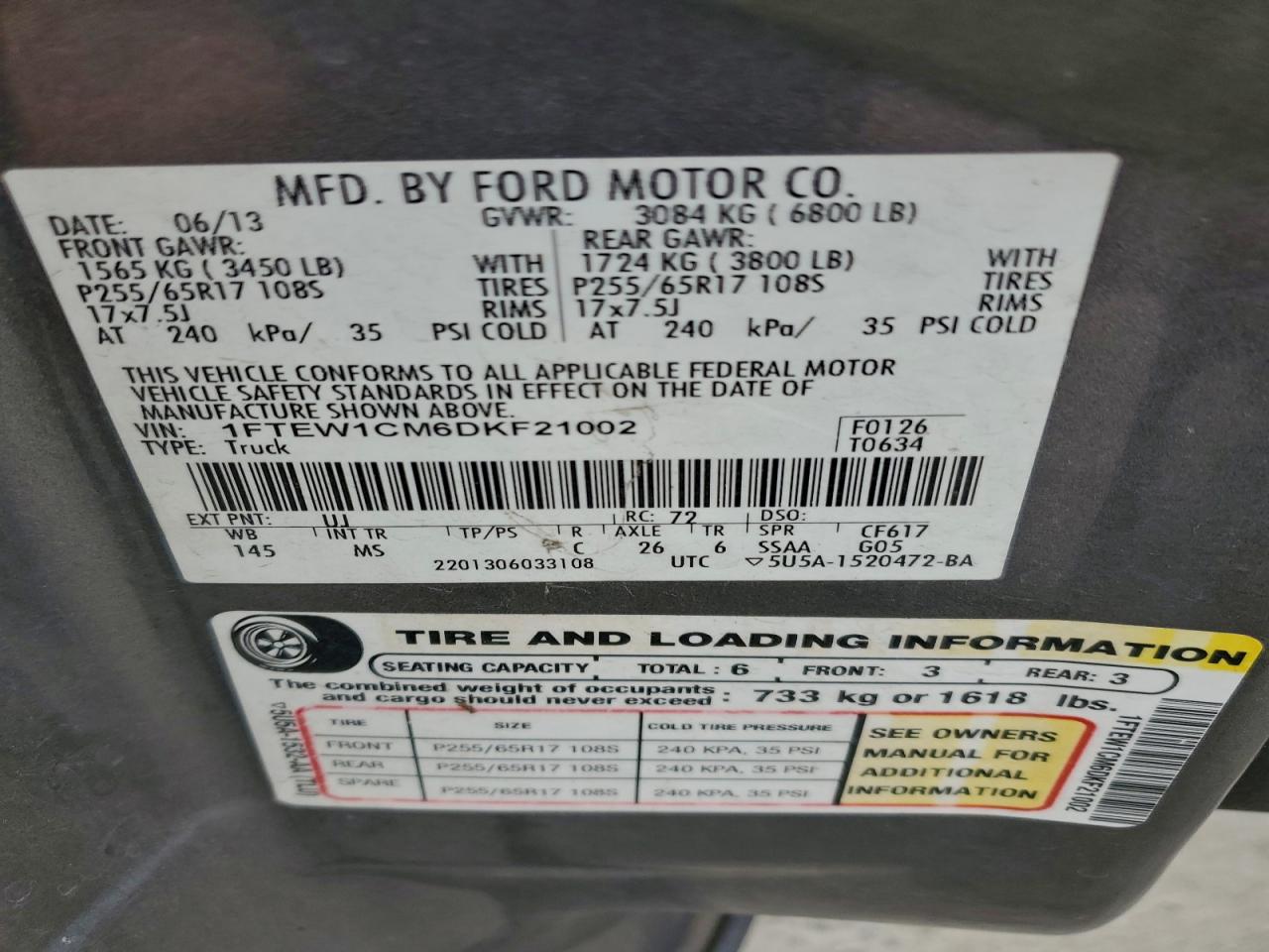 2013 Ford F150 Supercrew VIN: 1FTEW1CM6DKF21002 Lot: 94380105