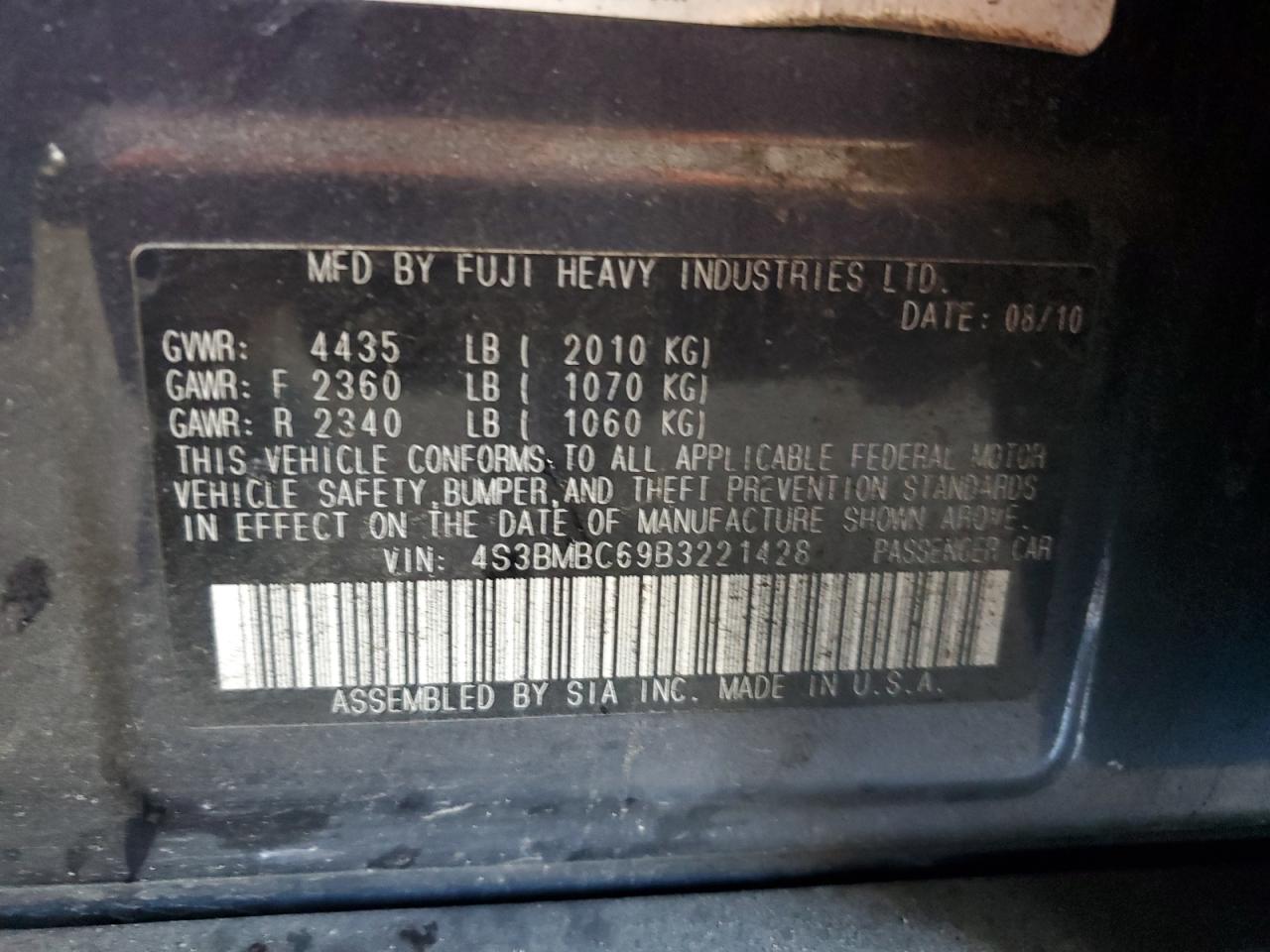 2011 Subaru Legacy 2.5I Premium VIN: 4S3BMBC69B3221428 Lot: 91315355