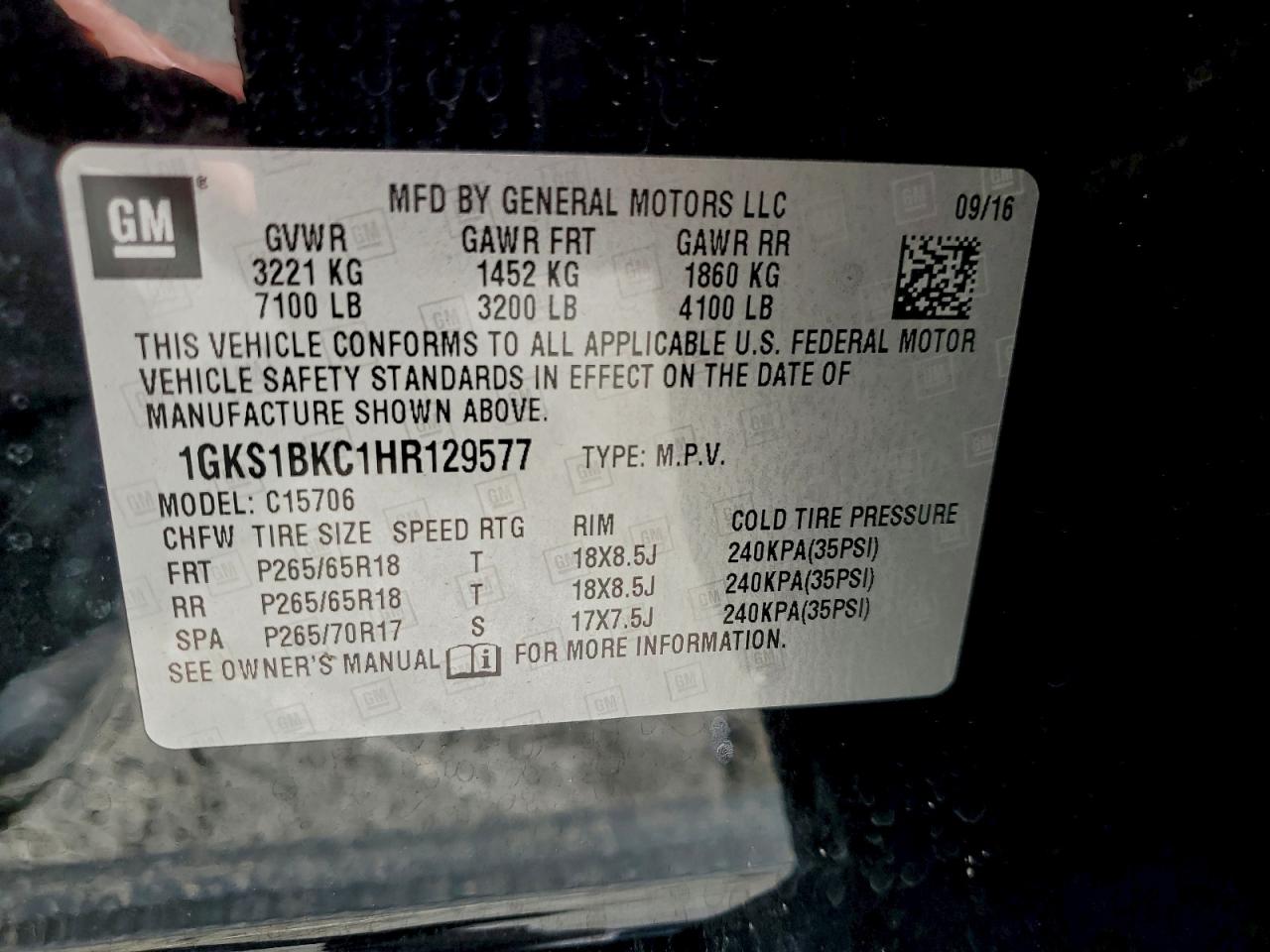 2017 GMC Yukon Slt VIN: 1GKS1BKC1HR129577 Lot: 94757575