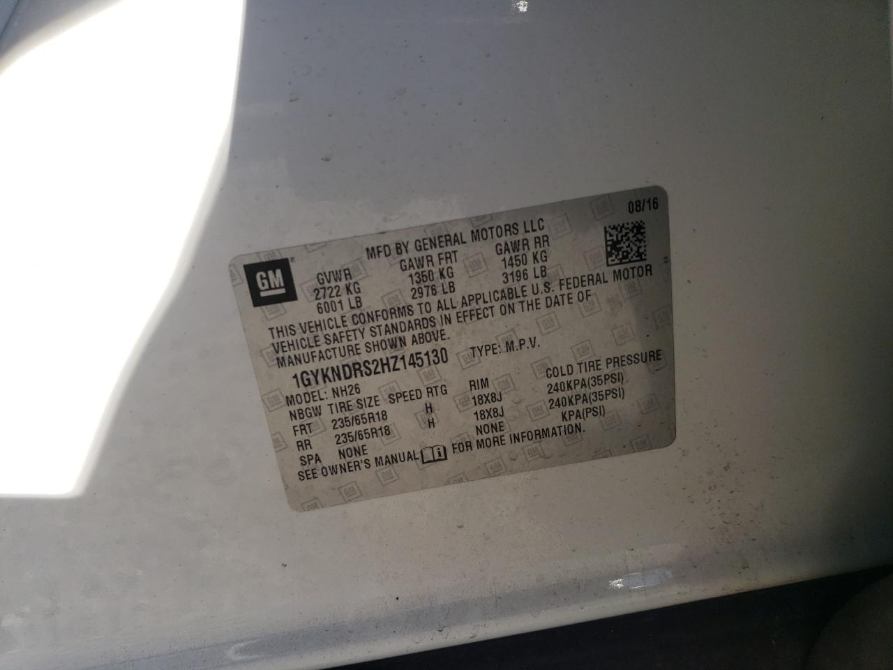 2017 Cadillac Xt5 Luxury VIN: 1GYKNDRS2HZ145130 Lot: 92238415