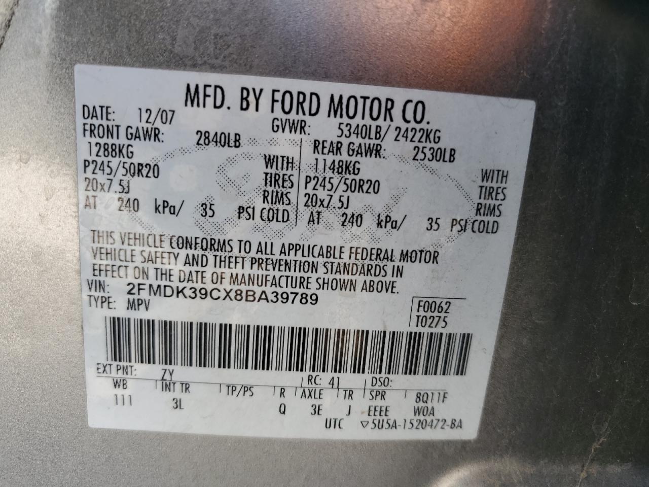 2008 Ford Edge Limited VIN: 2FMDK39CX8BA39789 Lot: 92533915