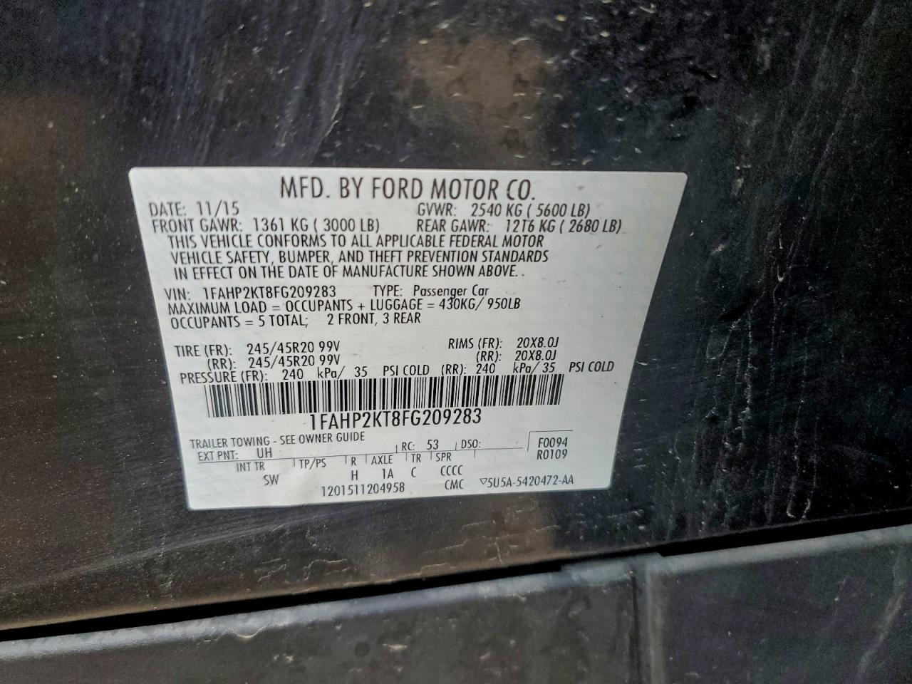 2015 Ford Taurus Sho VIN: 1FAHP2KT8FG209283 Lot: 93732155