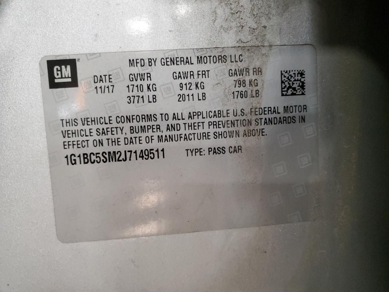 2018 Chevrolet Cruze Ls VIN: 1G1BC5SM2J7149511 Lot: 92634985