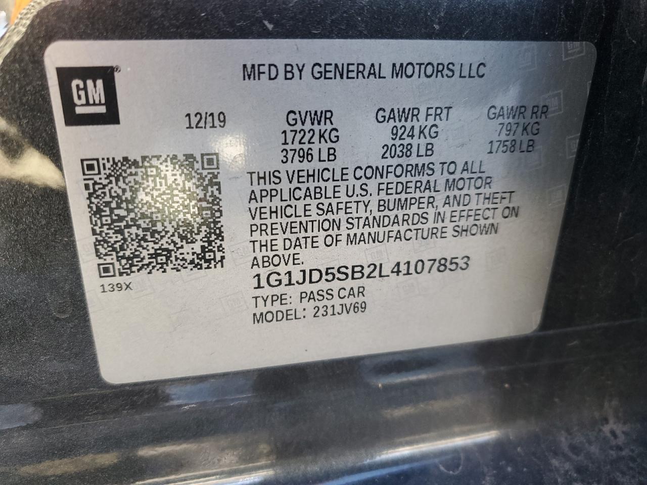 2020 Chevrolet Sonic Lt VIN: 1G1JD5SB2L4107853 Lot: 92243915