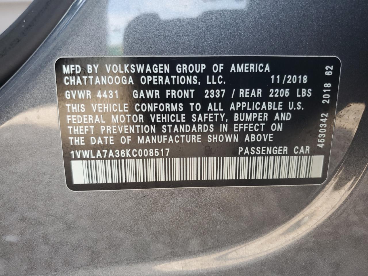 2019 Volkswagen Passat Wolfsburg VIN: 1VWLA7A36KC008517 Lot: 90617805