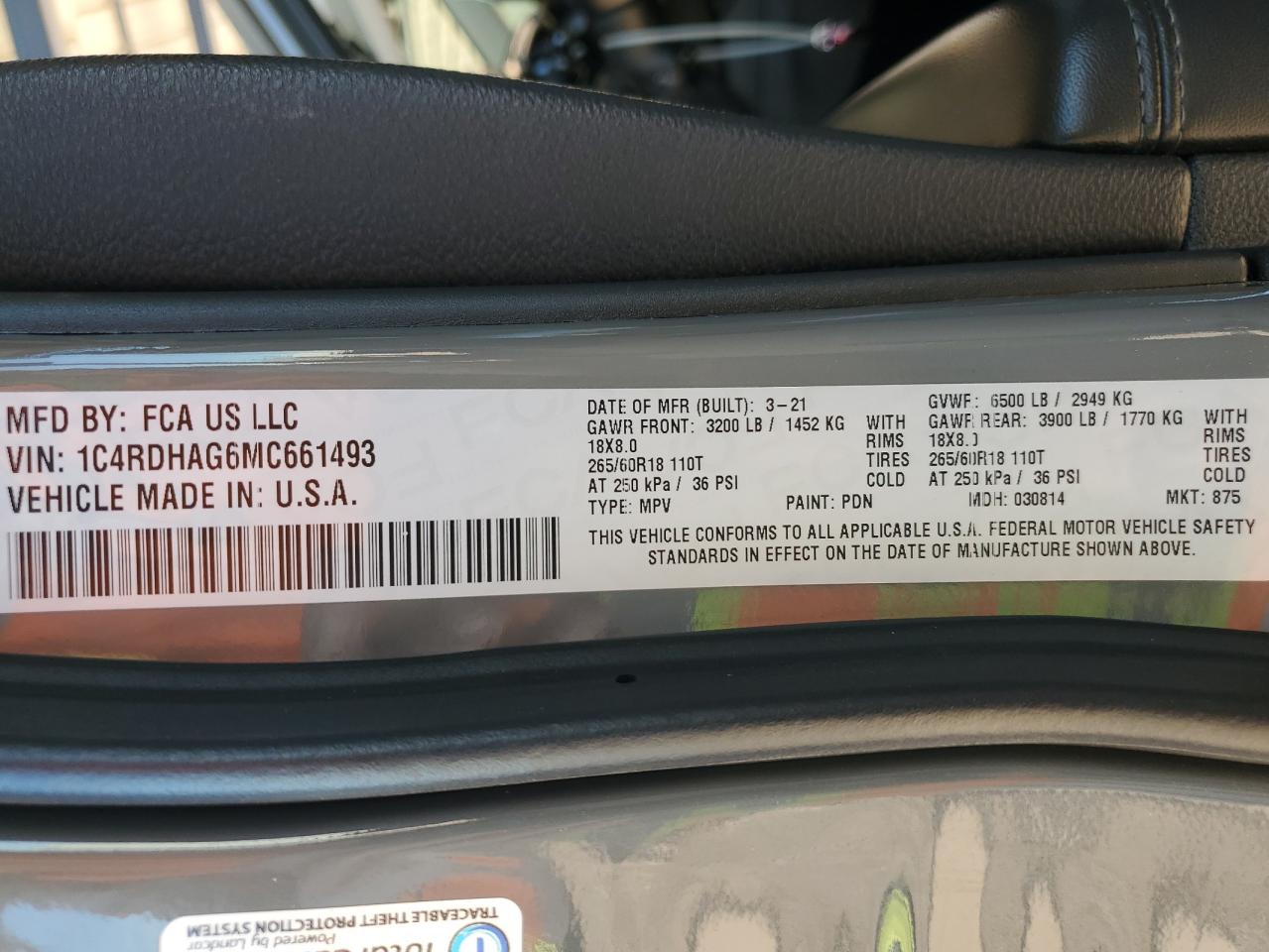 2021 Dodge Durango Sxt VIN: 1C4RDHAG6MC661493 Lot: 93183395