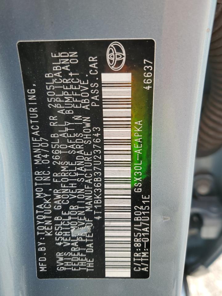 2007 Toyota Avalon Xl VIN: 4T1BK36B37U237643 Lot: 92500305