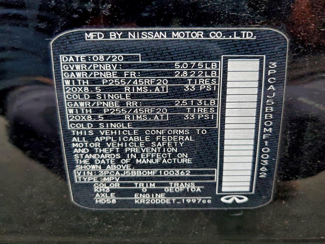 2021 Infiniti Qx50 Luxe VIN: 3PCAJ5BB0MF100362 Lot: 93030355