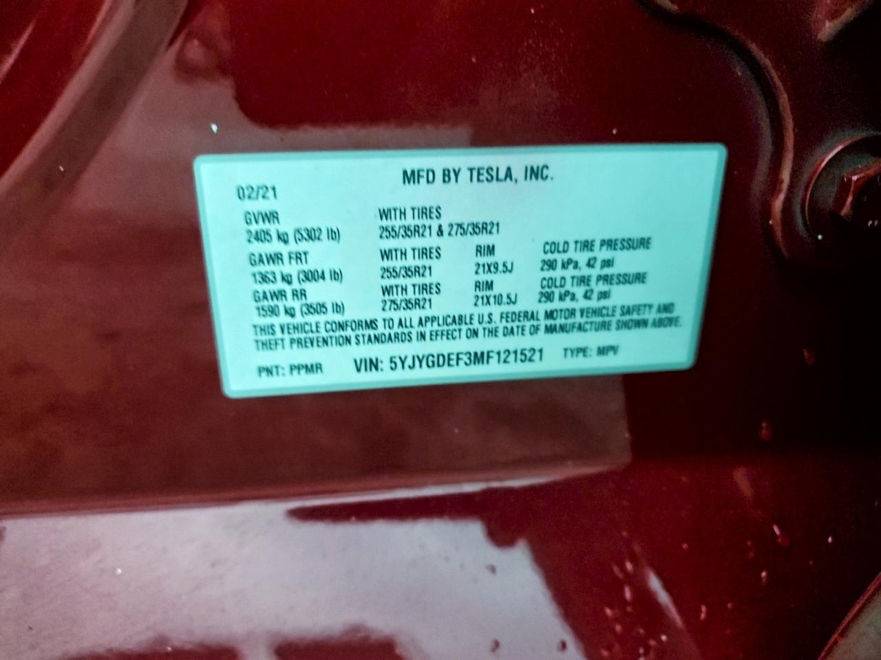 2021 Tesla Model Y VIN: 5YJYGDEF3MF121521 Lot: 93731935