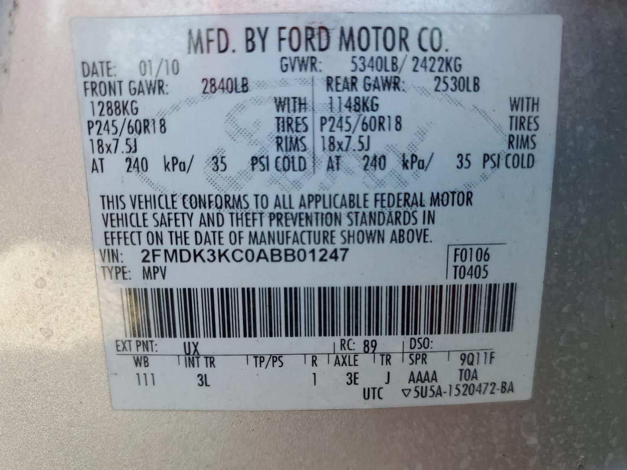 2010 Ford Edge Limited VIN: 2FMDK3KC0ABB01247 Lot: 92827995