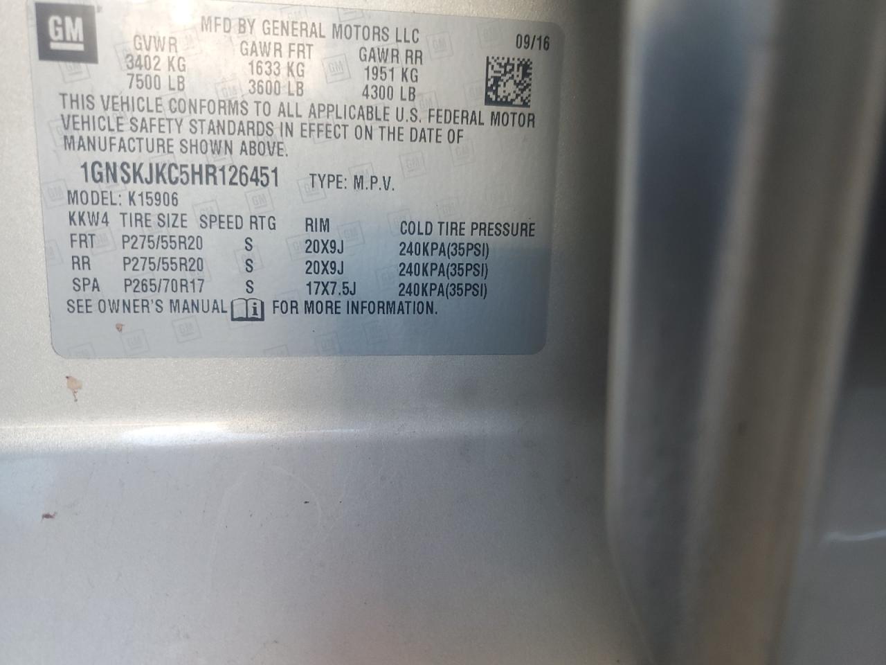 2017 Chevrolet Suburban K1500 Premier VIN: 1GNSKJKC5HR126451 Lot: 91912205