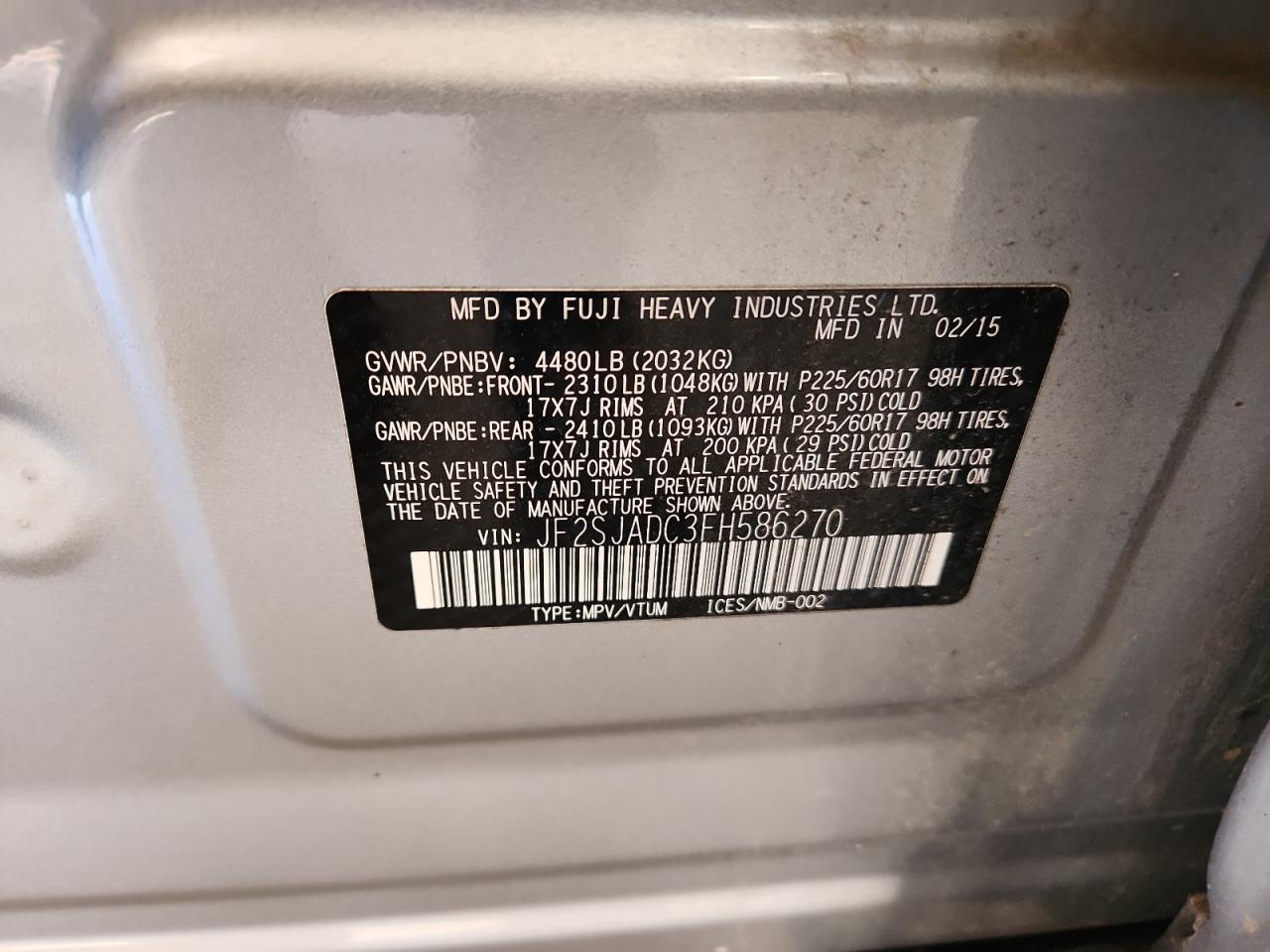 2015 Subaru Forester 2.5I Premium VIN: JF2SJADC3FH586270 Lot: 91116435