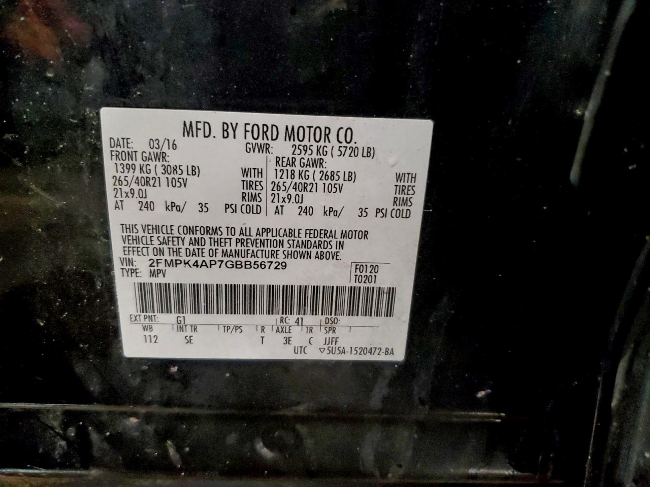 2016 Ford Edge Sport VIN: 2FMPK4AP7GBB56729 Lot: 94063345