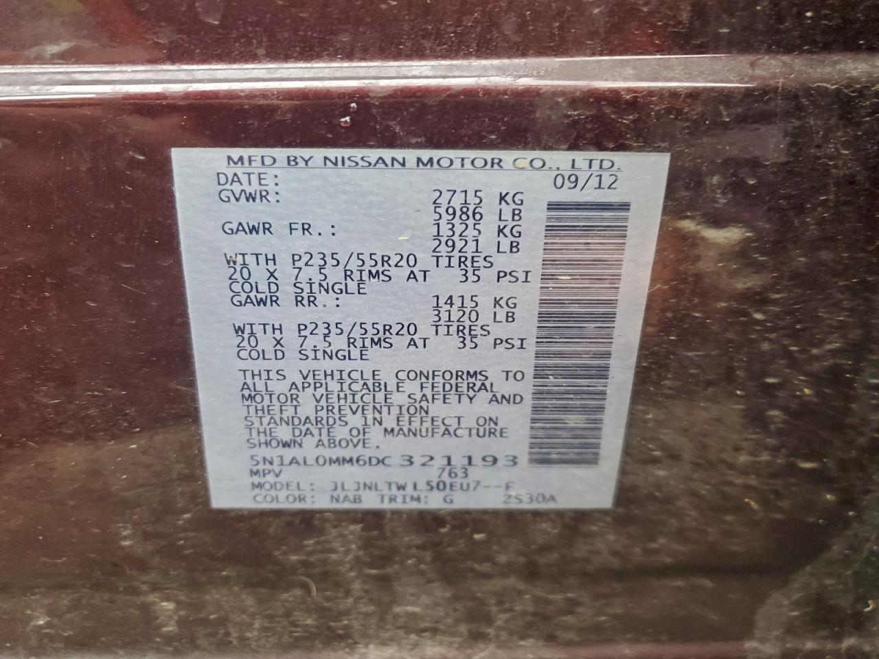 2013 Infiniti Jx35 VIN: 5N1AL0MM6DC321193 Lot: 93715795