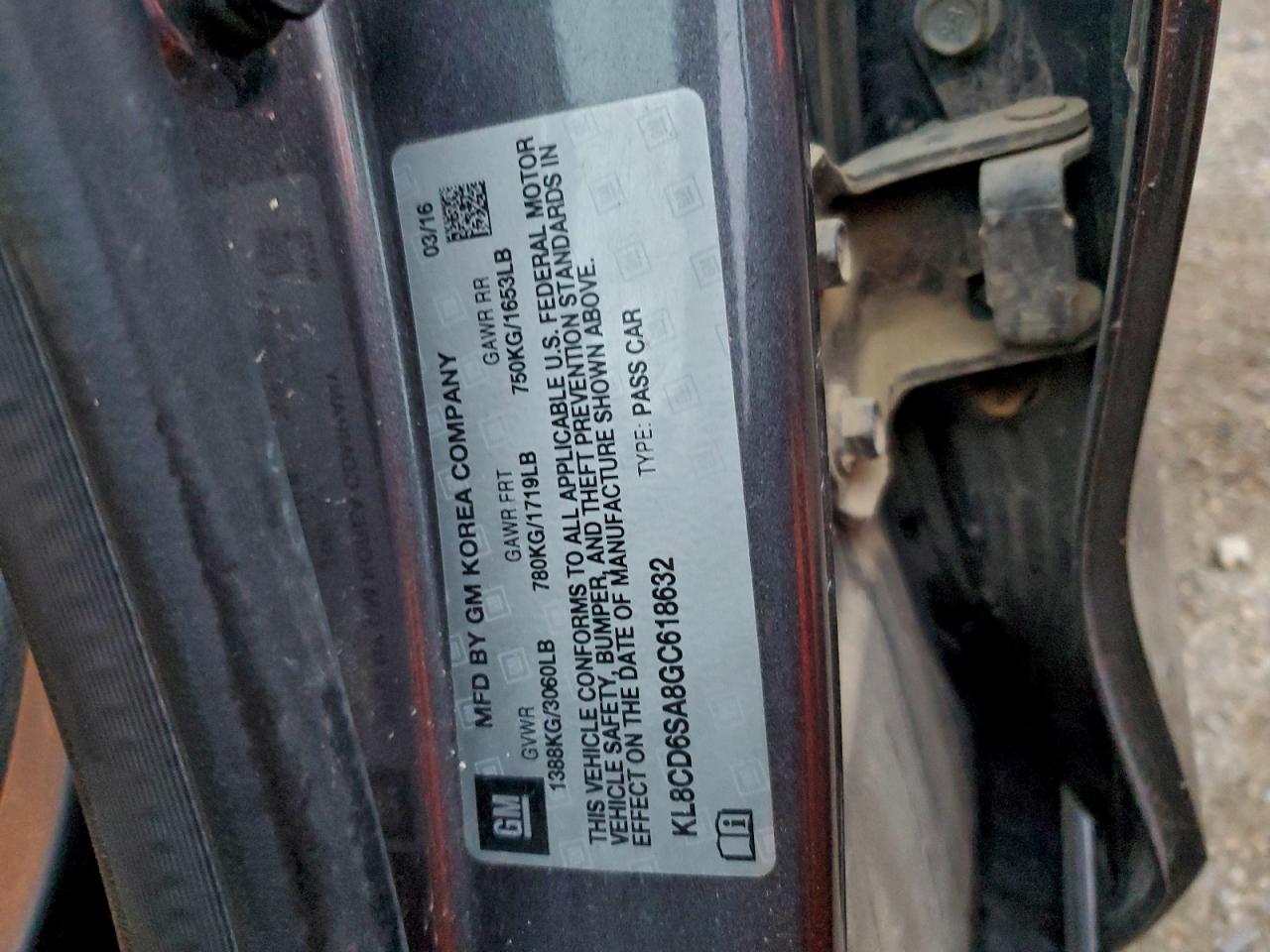 2016 Chevrolet Spark 1Lt VIN: KL8CD6SA8GC618632 Lot: 94449335